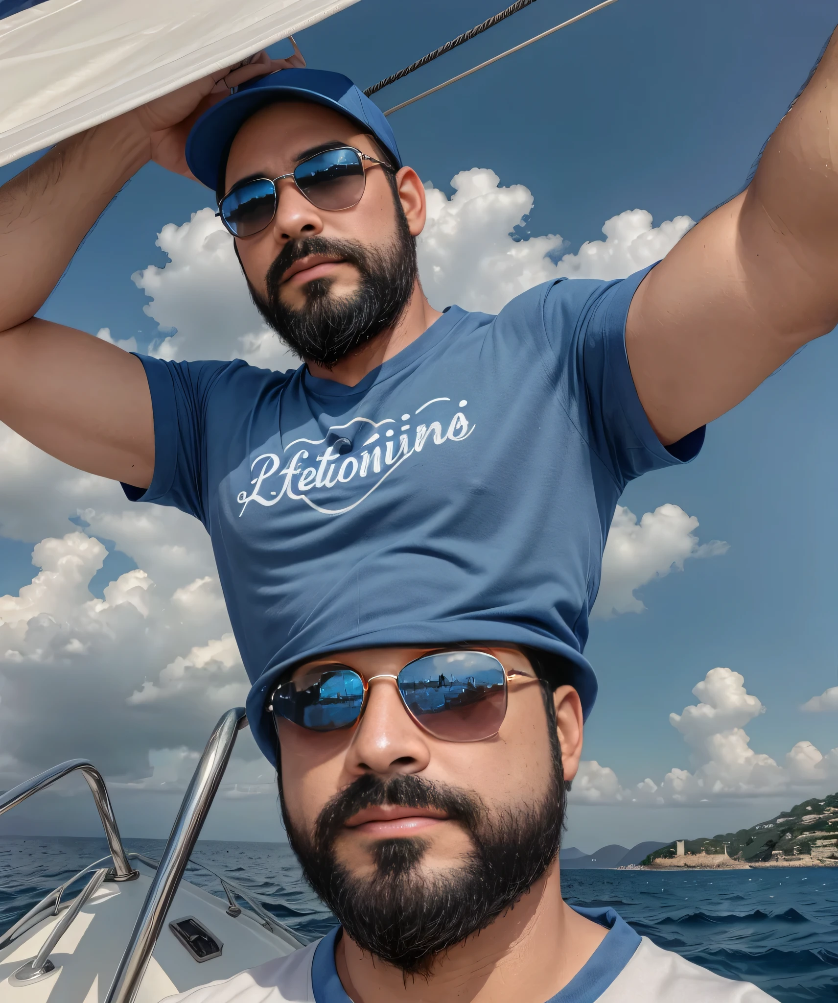 Parte superior del cuerpo, 38 year old man with beard and sunglasses. Hombre vistiendo playera azul y gorra, sailing in the Mediterranean with clouds in the background , muy hermoso. Super polished and cool, plano medio de un guapo.