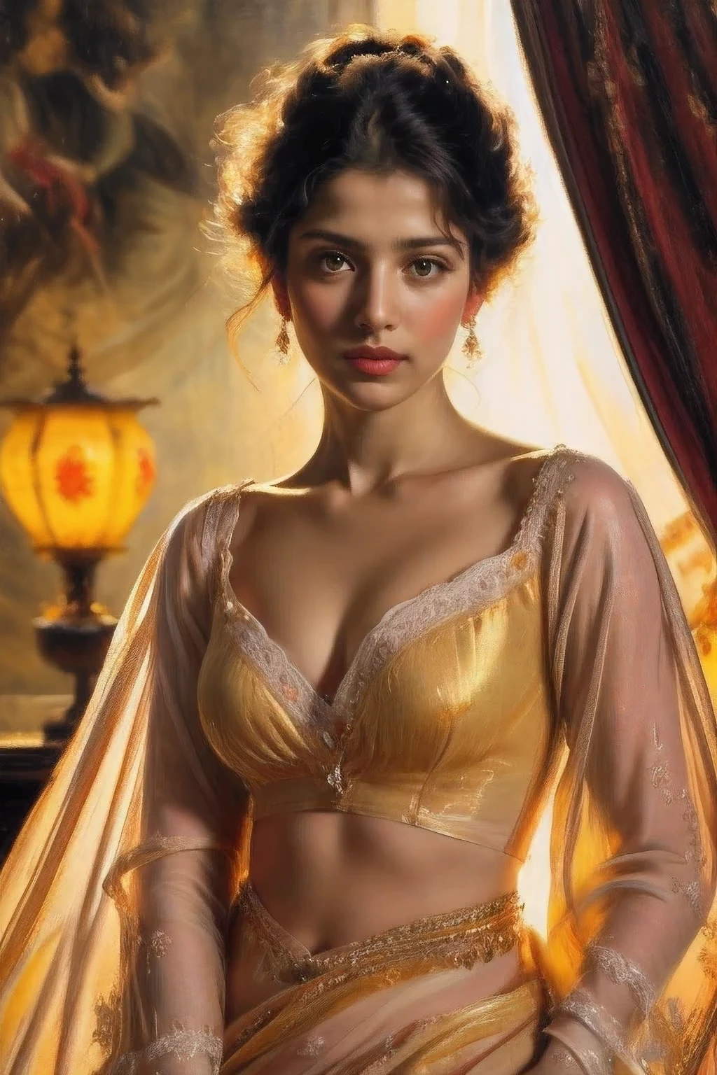 A renaissance full body portrait of middle aged Indian Woman Aditi at detailed beautiful exotic Royal Harem, beautiful artifacts in the back, vintge lamps, ((wearing yellow thin sexy satin drape)), detailed skin, in vintage royal palace,((Perfectly drawn detailed bust)), ((sensual erotica)), (lusty expression), huge cleavages, (detailed beautiful face and eyes:1.3), ((perfectly drawn eyes)), (perfectly drawn fingers), ((Perfect anatomy)), in the style of renaissance painting, Hallo in the back, detailed outline of bust, Highly detailed, Intricate, Sharp focus, detailed art, art by artgerm and greg rutkowski, Raphael, Beautifully lit, oil painting aesthetic, Deep big cleavages, joseph ducreux, oil on canvas portrait, hyper realistic, oil portrait by agnes cecile, Perfectly drawn fingers, detailed revealing, Renaissance portrait, fine art, 4K UHD, revealing clothes, high contrasts, (Vintage Portrait)