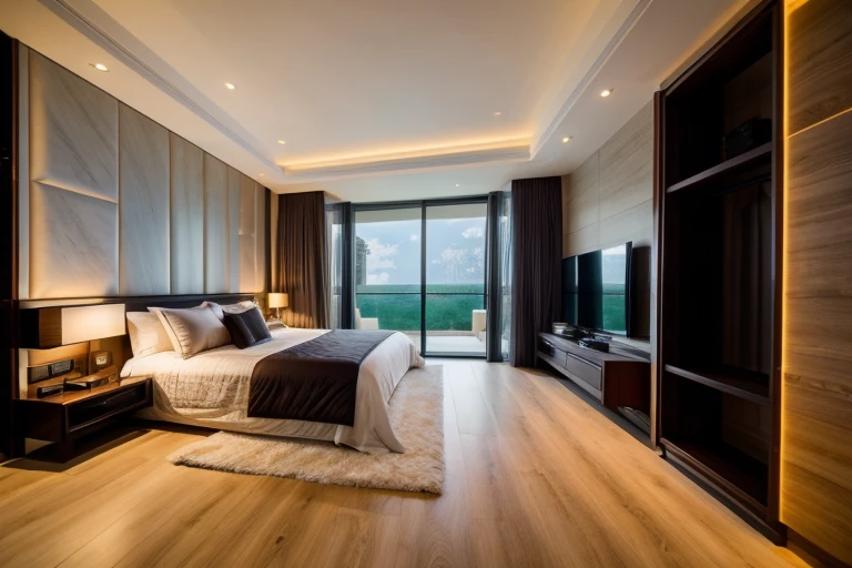 luxury master bedroom, timber floor, marble wall, night time, warm lighting RAW Photo, RAW texture, Super Realistic, 32K UHD, DSLR, soft lighting, high quality, film rating, Fujifilm XT3 