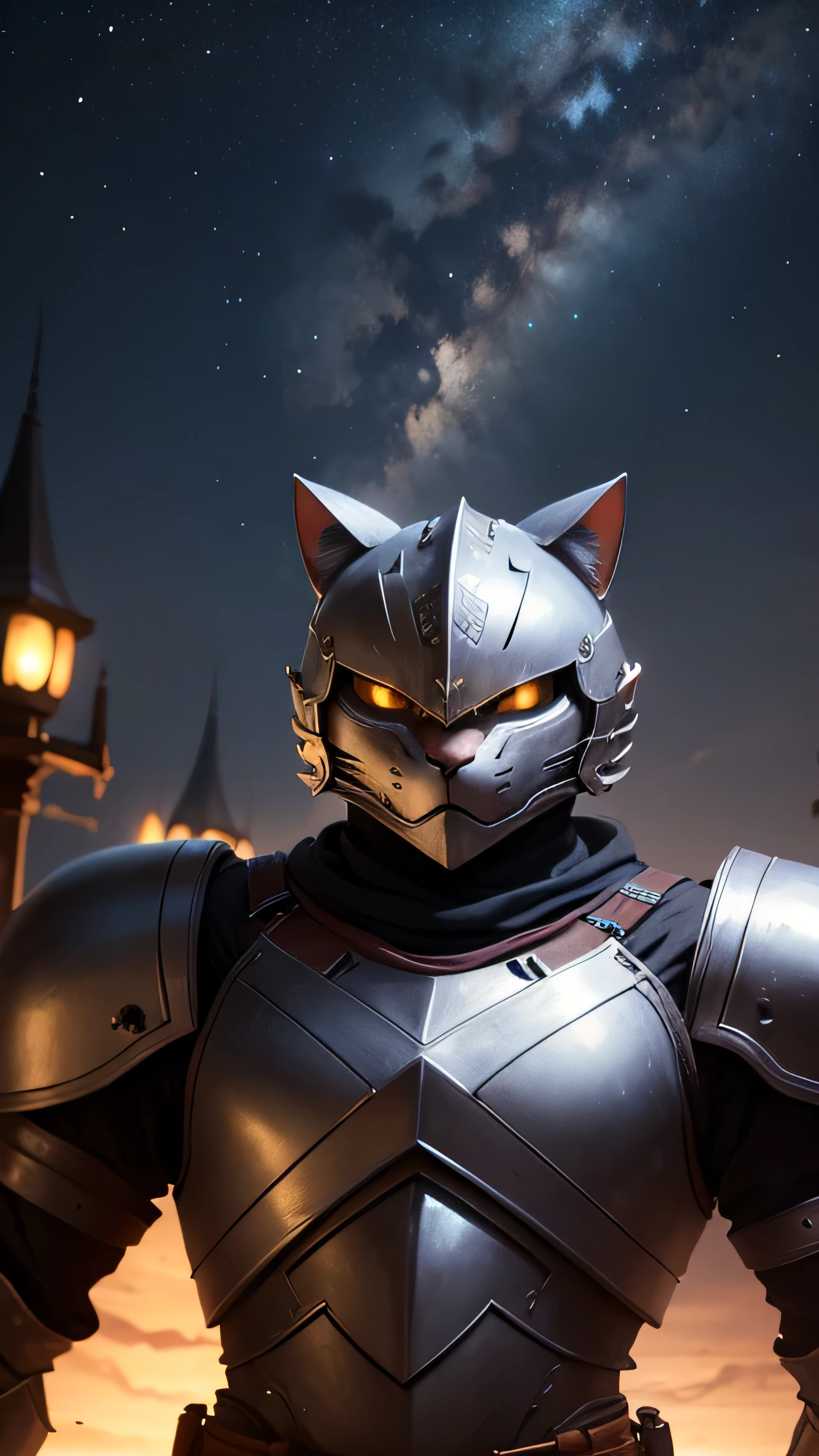 cute Cat using ancient armor, head armor, big head, night sky, 8k