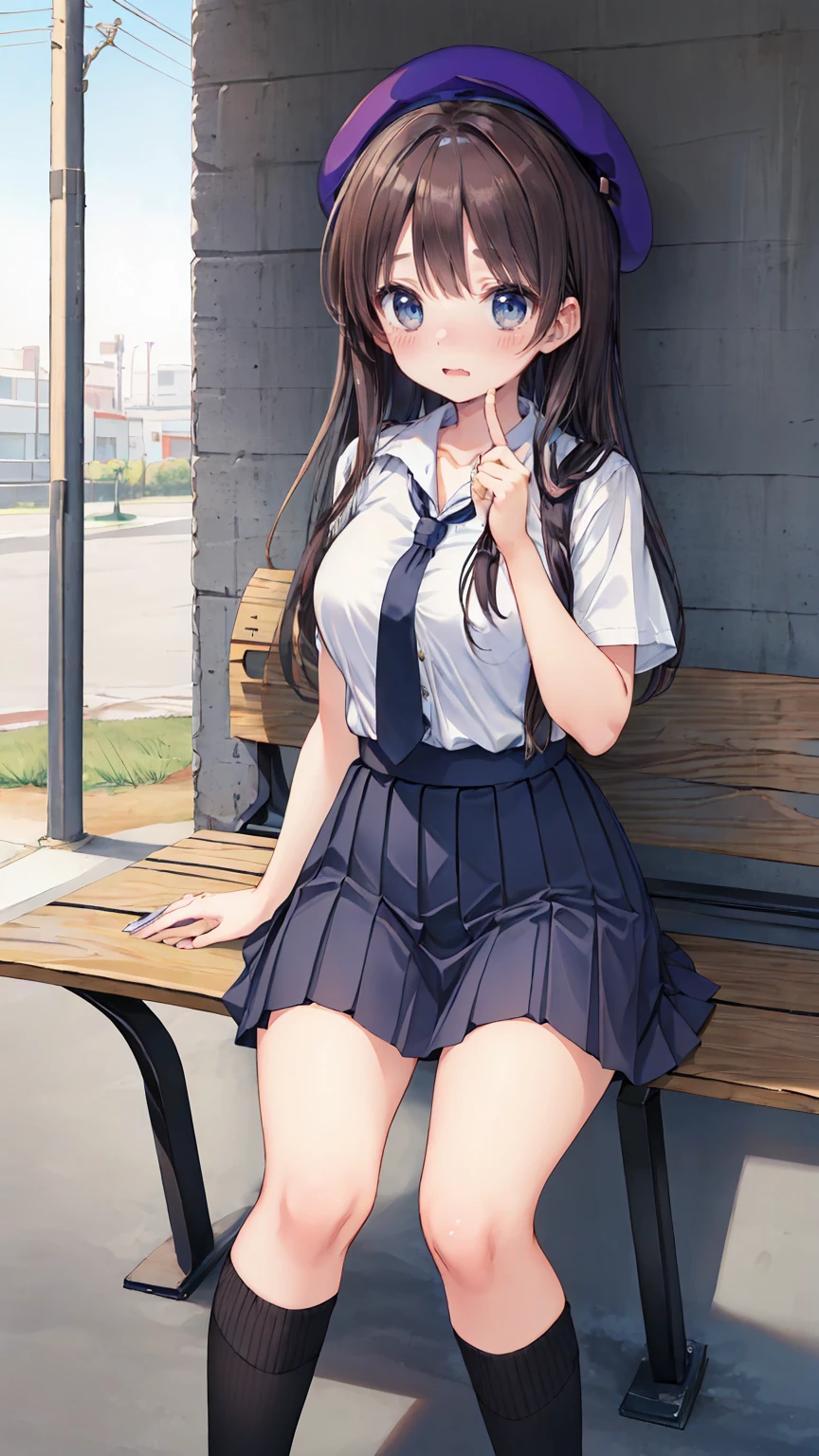 (masterpiece, best_quality), extremely_detailed_CG, woman posing for a photo, shy smile, Happy, long hair, straight hair, fine skin, beautiful hands, beautiful fingers, Wearing a beret, tie, short sleeve blouse, pleated skirt, thighs, Absolute area, knee socks, during the day, hot summer day, School, schoolyard, sitting on the bench, Canned juiceを持っている, Natural light, detailed face:1.2, sharp focus, Hasselblad Photos, masterpiece, light makeup, cinematic lighting, 4k, highest quality, sharpness, anime style, whole body, Canned juice, 