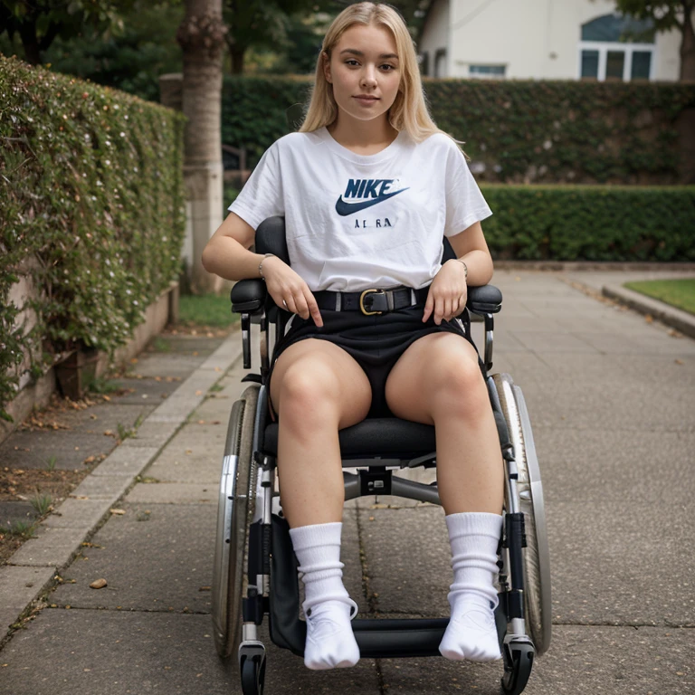 Wheelchair girl, 20s years old, white Nike socks, shoes off, orthosis on joints, blonde hair, medium , belted to the wheelchair, 