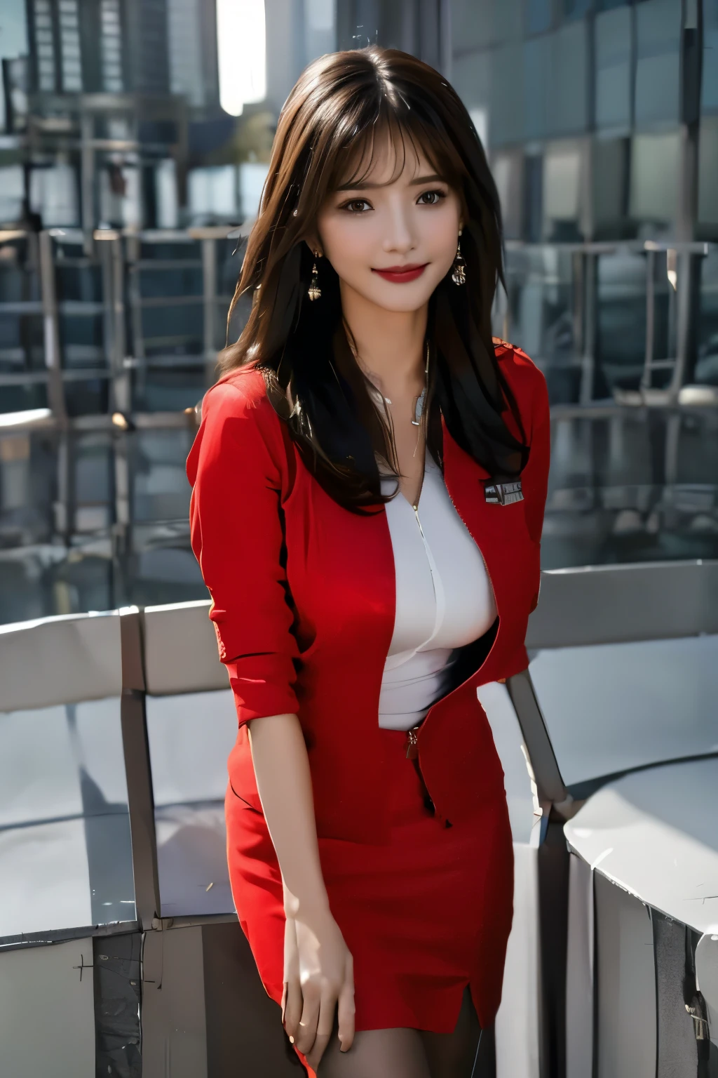 (masterpiece:1.2, highest quality:1.2), 32K HDR, High resolution, (alone, 1 girl), (Realistic style of AirAsia stewardess uniform), neat woman, beautiful face, dark brown hair, (long hair down to waist), (red jacket:1.1, Unzipped jacket, unbuttoned white shirt:1.05, red mini skirt:1.1, pantyhose), perfect slim body:1.1, huge breasts, huge breastsの谷間, detailed skin texture, fine eyes, (smile:1.2), necklace、earrings、(forward leaning posture:1.5, Simple white background),blue eyes、full body shot