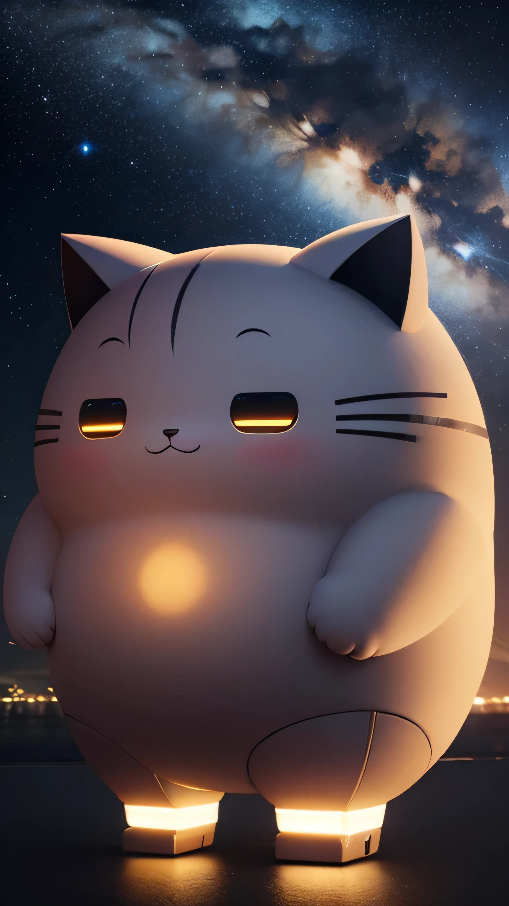 cute Cat robot, fat cat, big head, night sky, 8k