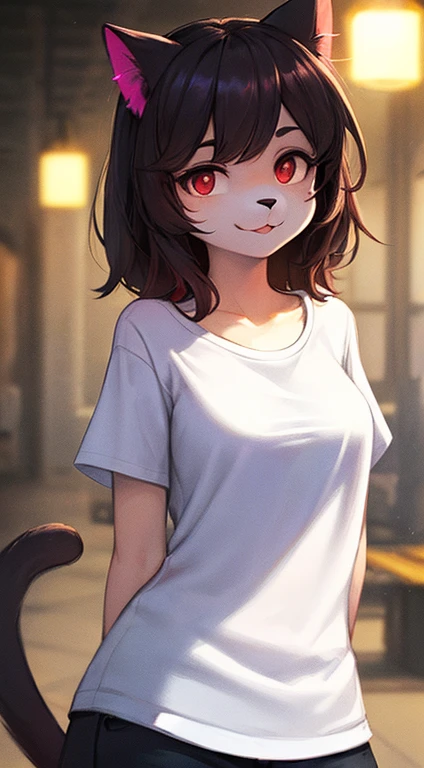 (cat), (Hand behind Back), (Succubus), Furry, White Fur, Super Cute Face, Detail Elements on Fur, Glowing T-Shirt, Beautiful Lights and Shadows, Ambient Light, Super Fine Fur, Volumetric Light