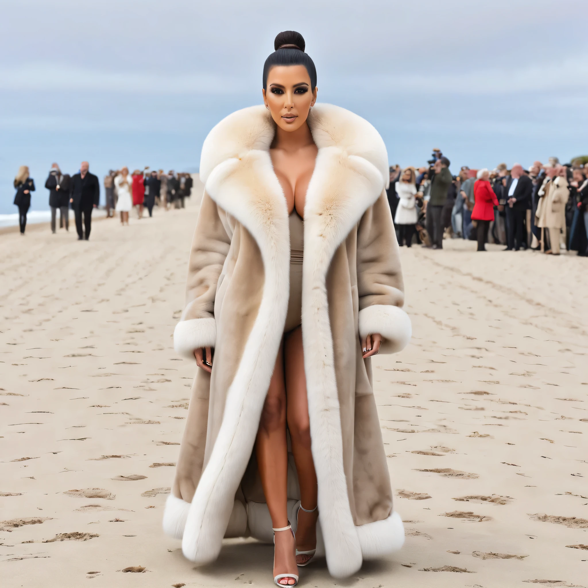 A very wide and very thick, very long sand mink fur coat, fifty centimeters thick, duveteux, naturel, with an ultra thick white and sand mink fur collar, three layers, sur Kim Kardashian, fully nude front view, bare shoulders, and two large breast discovered by the fur, at sunny Pebble Beach Concours d'Elegance automobile , en haute résolution de la plus high quality、,Photo 8K HDR), Realistic texture, realistic shadows, (dynamic subdued lighting), (centered within the framework), (Very detailed:1.2), Fond d'8k screen, high quality, grain de film, Fujifilm XT3, (Very detailed skin), ((gaping and :1.3)), dark bun, messy hair, ,