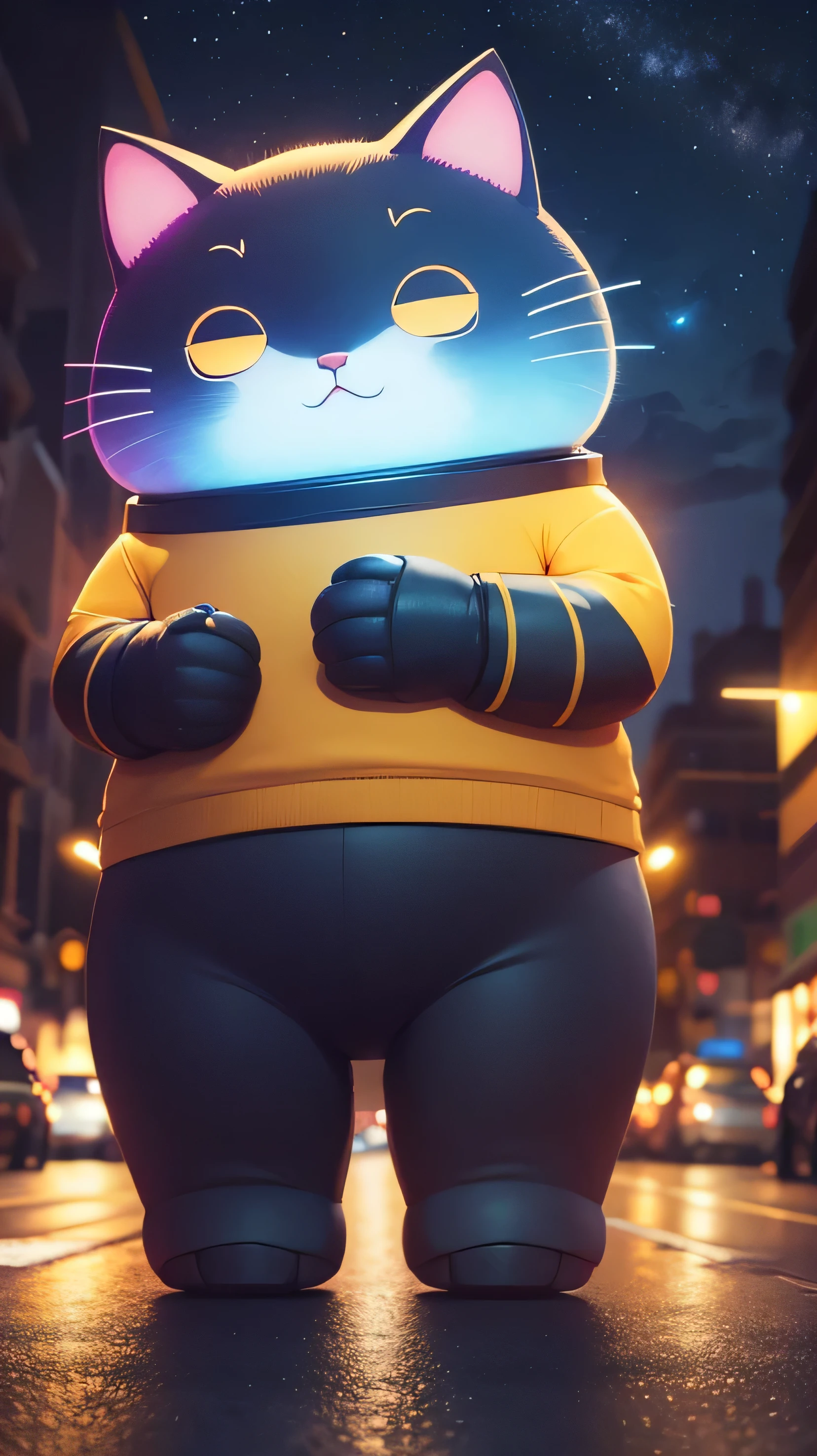 cute Cat robot, fat cat, big head, colorful, night sky, 8k