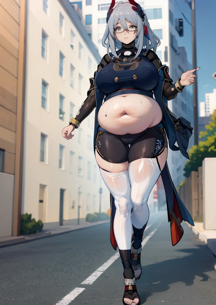 (masterpiece, best quality, highly detailed), 1girls, big belly, blurry background, huge belly, art by kipteitei, round belly, chubby, curvy, simple_background, gradient_background, belly grab, enormous belly, fat belly, thicc, bigger belly, really big belly, jiggly belly, shirt covering belly, belly cover by shirt, glasses, gym clothes, thighhighs, (sweating), (exhausted), ((full body)), long hair