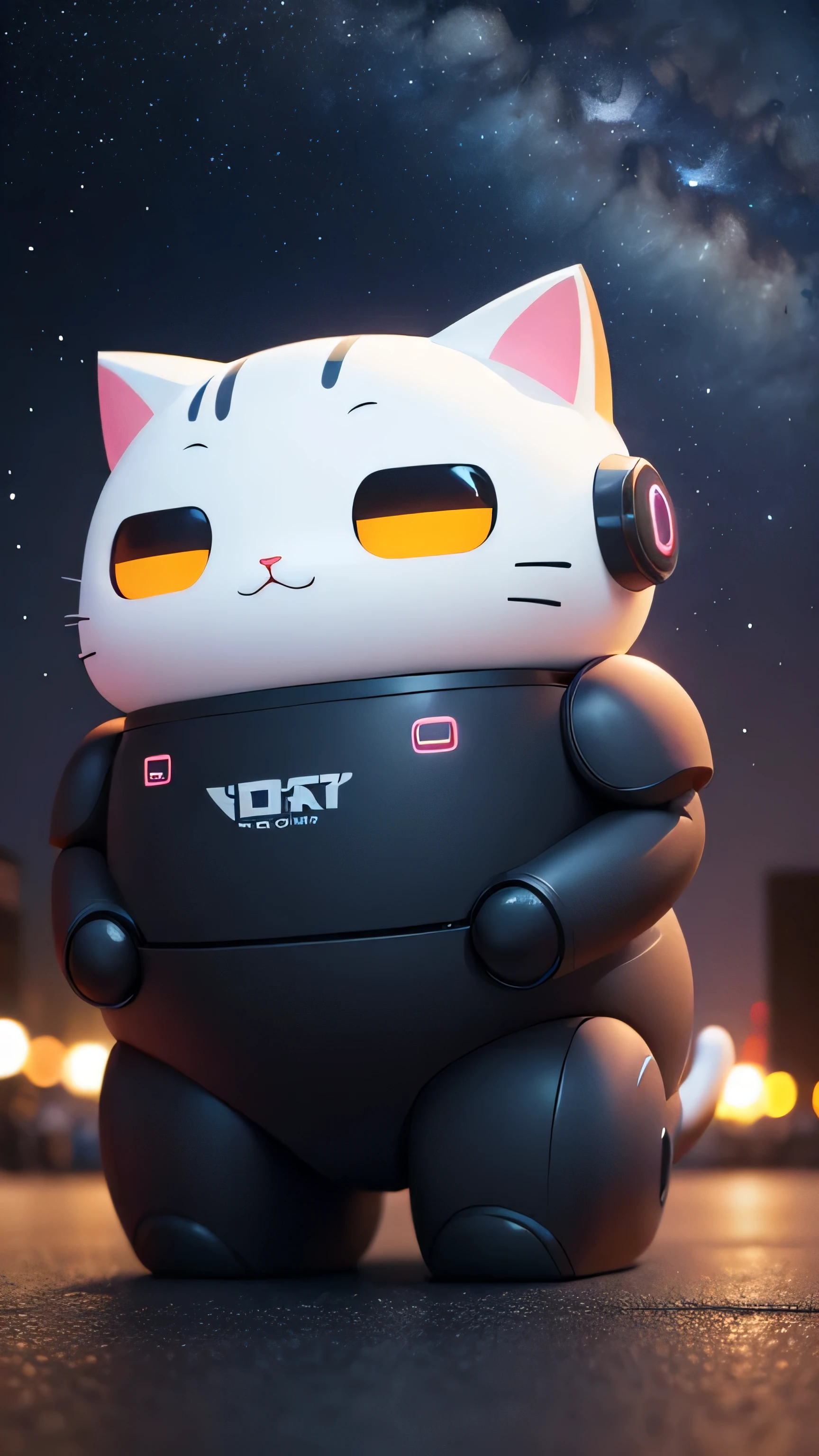 cute Cat robot, fat cat, big head, colorful, night sky, 8k