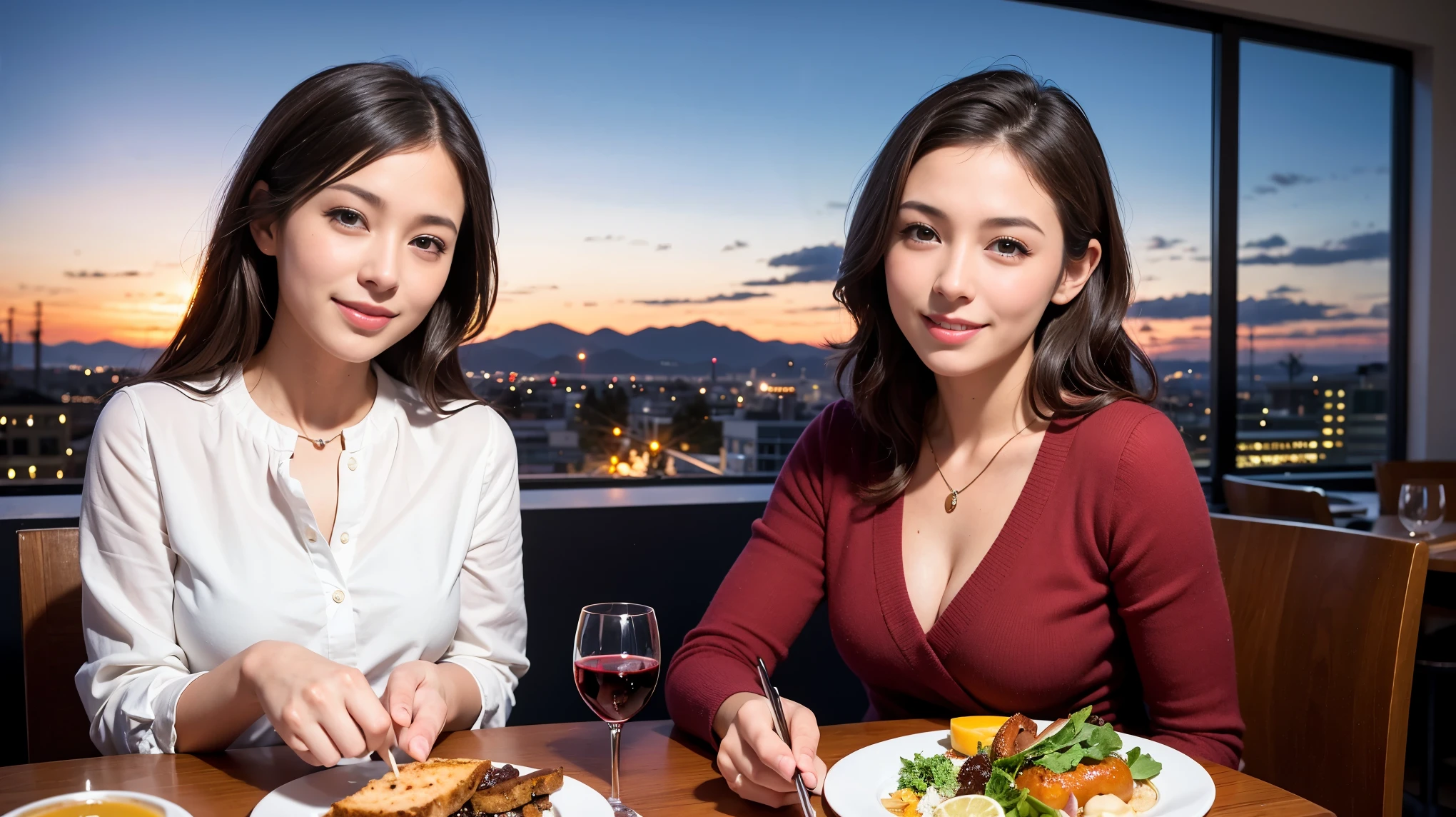 (K UHD, nffsw, highest quality, table top: 1.2), (realistic, realistic: 1.37), Spectacular view of the sunset sky and clouds、Amazing mountain views、ニコニコ明るいsmile、smileの素敵な女性、that woman'bright face、Fox face、lady、wine 、Appetizer、Italian food、two beauties、brown hair、shortcut、long sleeve shirt、winter fashion、dress、Japanese、Englishman、Dutch、German、Belgian、Italian、French,wineボトル、Appetizer、Champagne、スパークリングwine、Pretty Woman 1, (slimな顔), (because I'thin), (brown hair), (shortcut), cheeks turn a little red, (42 years old), 38 years old, charming beauty、, A beautiful and detailed night view spreads out outside the window..........., restaurant, wineグラスに座って, At night, in a prominent place (from the waist up) nova frog style, actress, model, Upper body, 白wine, slim, wineグラス, Very beautiful night view, 真ん中に置かれたwineグラス, smile, (smile: 1.15), Beautiful little eyes,