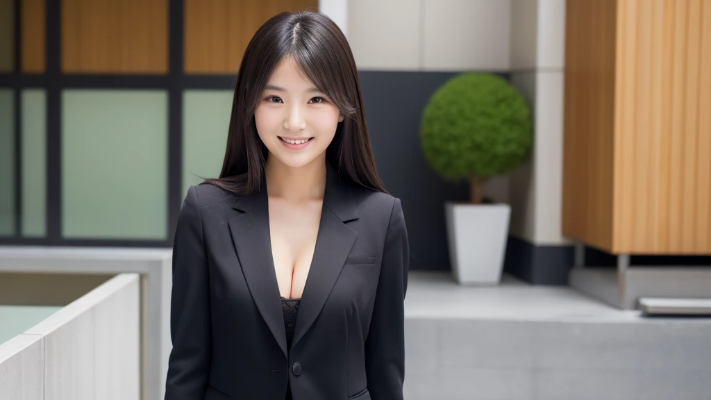 Japanese, woman wearing a black suit, office casual, company employee, black hair, long hair, office computer, smile, slender body shape, masterpiece, highest quality, 20th generation, cleavage, curved body: 0.8, beautiful skin, ultra high resolution, photogenuineistic: 1.4, highest qualityの物理ベースのレンダリング, highest quality, 8K, genuine, Raw photo, sensual beauty, full body shot, big , quality that could be mistaken for a genuine woman、1girl