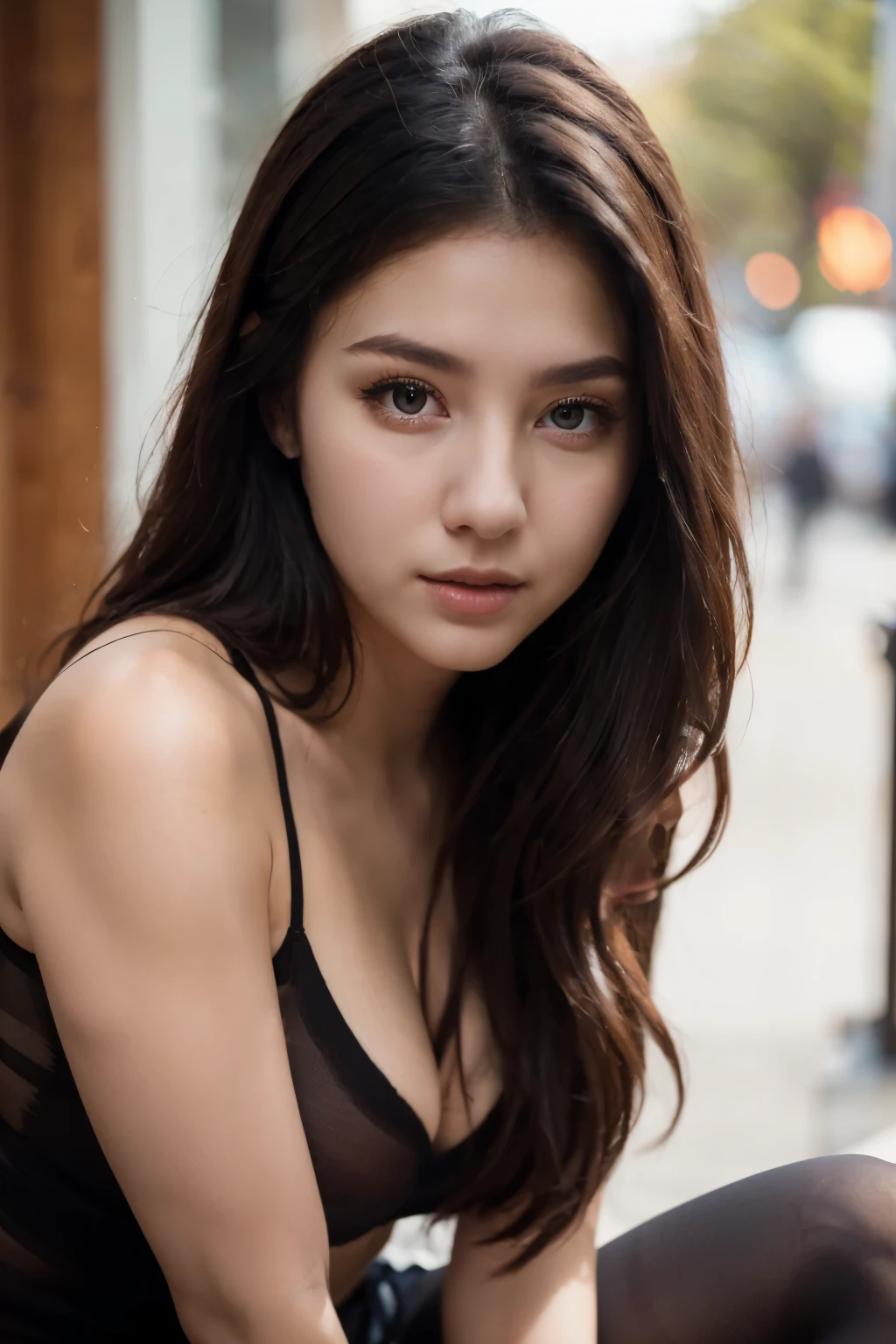 ulzzang-6500-v1.1, (Raw photo:1.2), (Photoreal), beautiful detailed girl,   (genuine: 1.4), (super realistic pantyhose:1.3), very detailed目と顔, beautiful and fine eyes, huge file size, High resolution, very detailed, highest quality, [masterpiece:1.6], enlightenment, very detailed, nffsw, finely, highest quality, 8k wallpaper, movie lighting, 1 girl, 17 years old, perfect body shape, Cute sagging eyes、beautiful big eyeuste piece)), highest quality, 1 girl, eye shadow, professional makeup、 portrait,