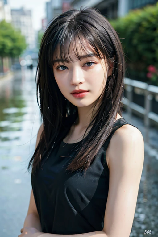 ((highest quality, 8K, masterpiece: 1.3)), sharp: 1.2, camisole,perfect body beauty: 1.4, slim abs: 1.2, ((layered hairstyles, big: 1.2)), dancer, (rain, street: 1.2), Wet: 1.5, Highly detailed face and skin texture, fine eyes, double eyelid, sexy look