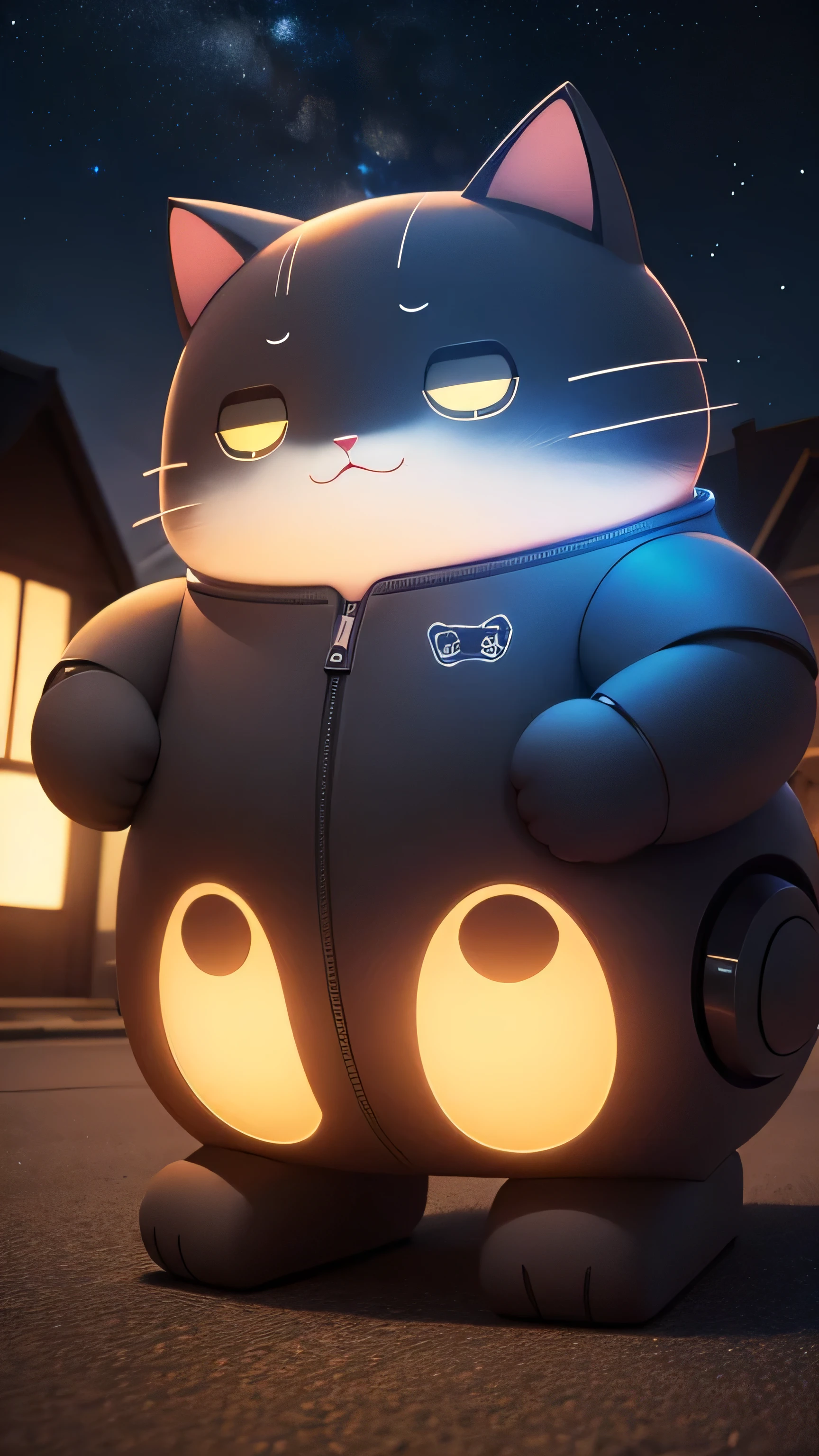 cute Cat robot, fat cat, big head, night sky, 8k