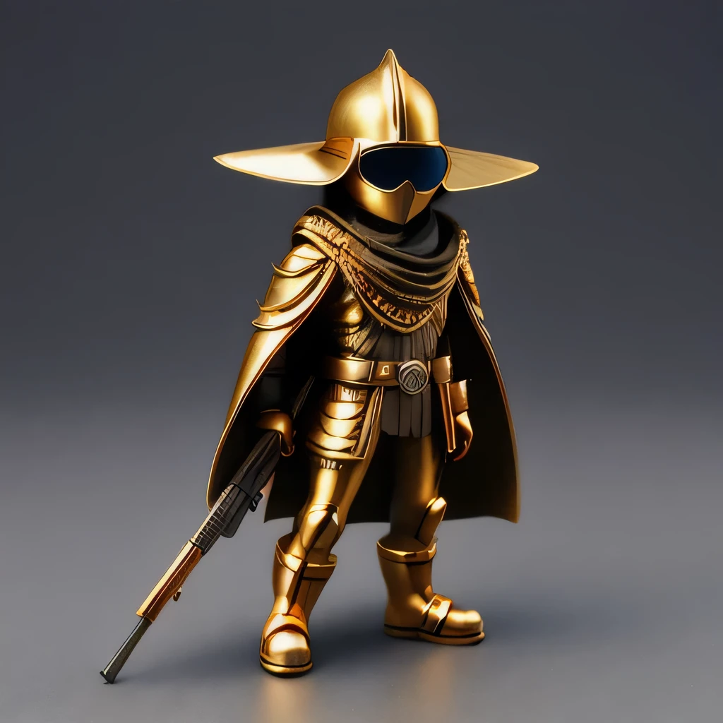 Brilliant Gold Diamond Maya Star,Copper weapons, Burlap Cape Mummy Hood Platinum Silk Cyberpunk Light Crossbow Space Station 1:90 miniatures, illustration, side view, (side view), Wear gold-rimmed reflective sunglasses, Carrying future weapons, very happy, side view, whole body, 3d, (Wood material) octane rendering, perfect appearance, collagen(((Isometric art)))