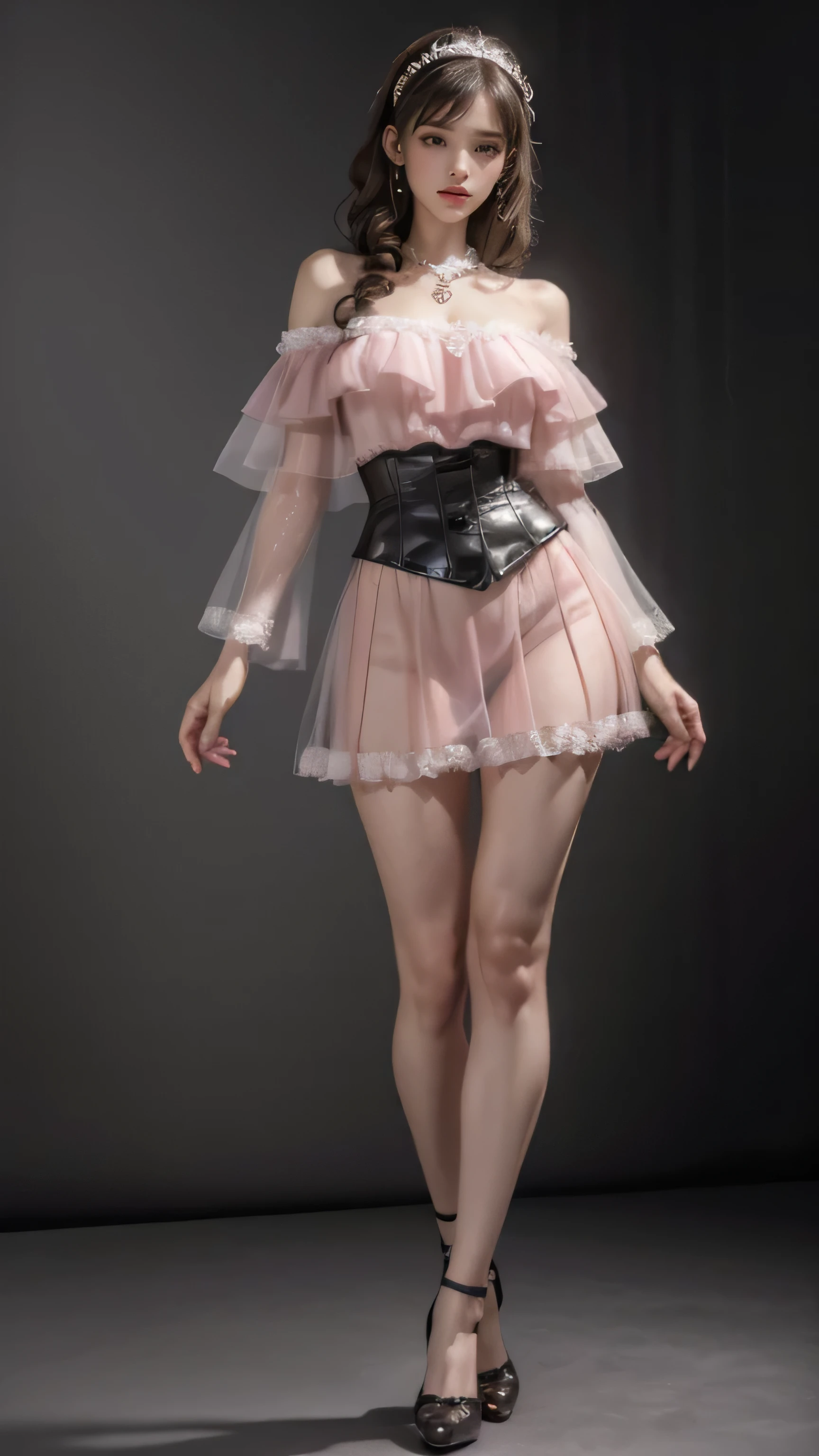 (masterpiece, highest quality, realistically, work, Super detailed, 8K), ((wide angle lens, full body female love)), 1 girl,light makeup,exquisite features,smile,exquisite crystal jewelry,heart shaped necklace,Crystal Headband,light brown hair, pompadour hairstyle, curl,Correct finger structure,Black lace flare mini skirt, Pink lace off-shoulder ta fashion outfit,leather shoes,long legs,frontal standing posture ,towards the audience,full body portrait,gray background