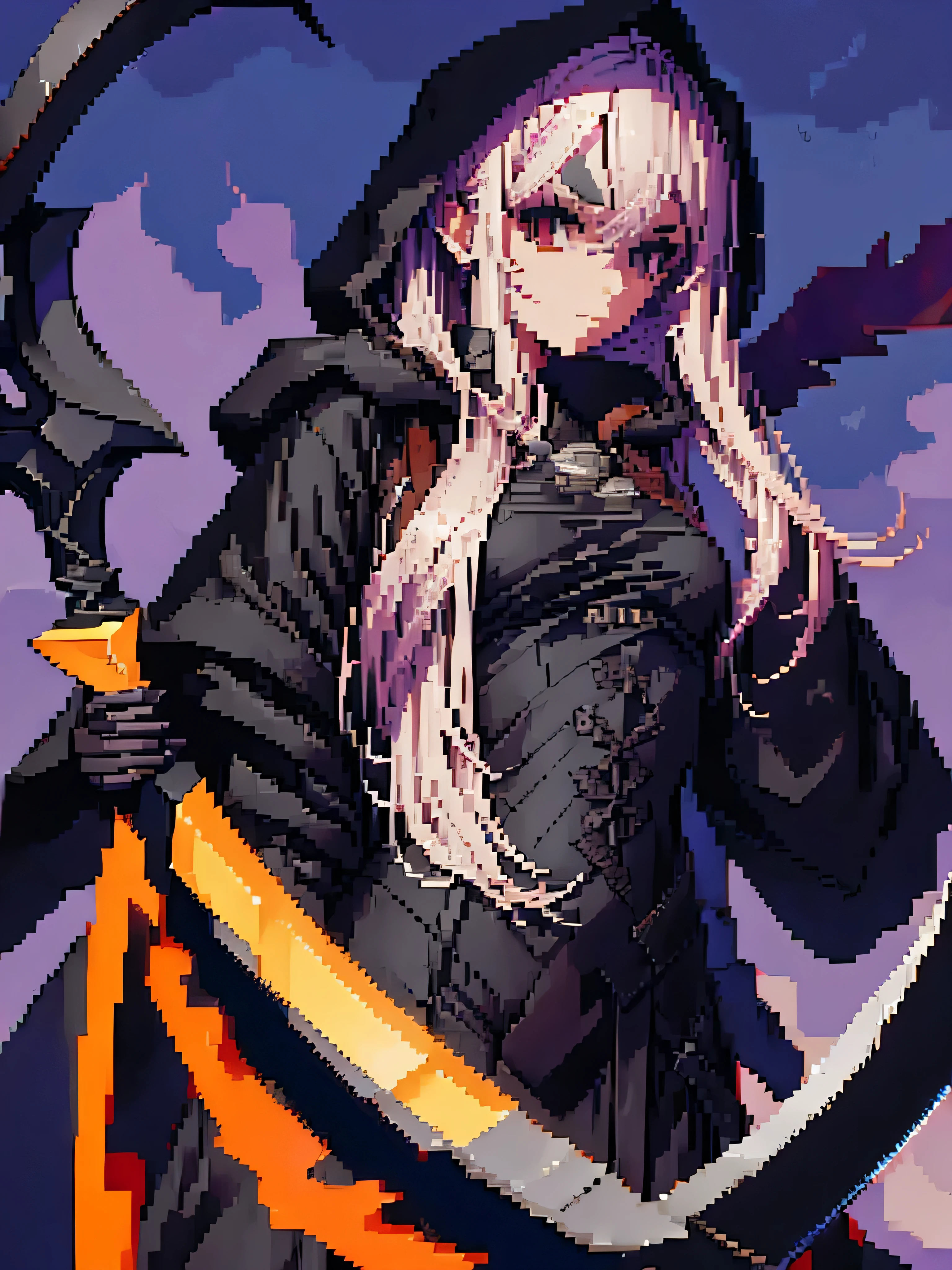 Pixel style game character, black robe and hood, demon, large scythe weapon, from front, epic background