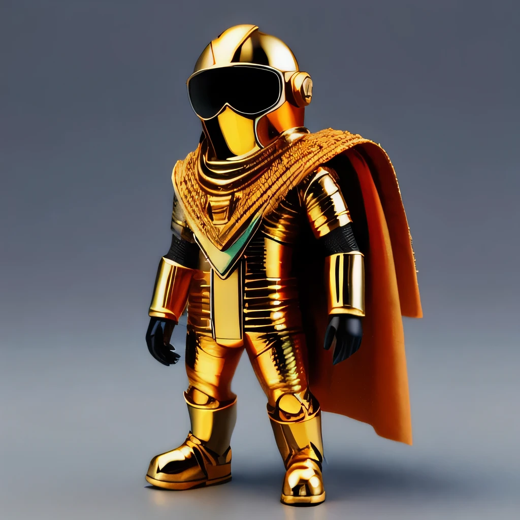 Brilliant Gold Diamond Maya Star,Copper weapons, Burlap Cape Mummy Hood Platinum Silk Cyberpunk Light Crossbow Space Station 1:90 miniatures, illustration, side view, (side view), Wear gold-rimmed reflective sunglasses, Carrying future weapons, very happy, side view, whole body, 3d, (Wood material) octane rendering, perfect appearance, collagen(((Isometric art)))