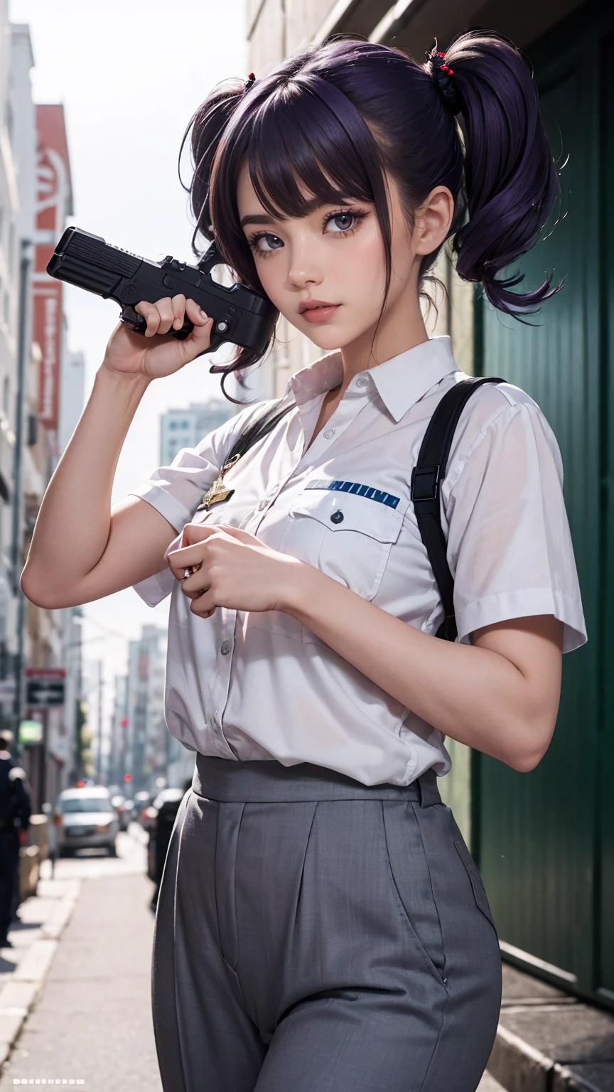((masterpiece)), ((highest quality)), ((High resolution)), 1 girl, alone, police officer, (matching pants, slacks), urban background, (Aim with a pistol, detailed pistol, glock 22, trigger discipline), Are standing, medium hair, (purple hair, twin tails), (green eyes),