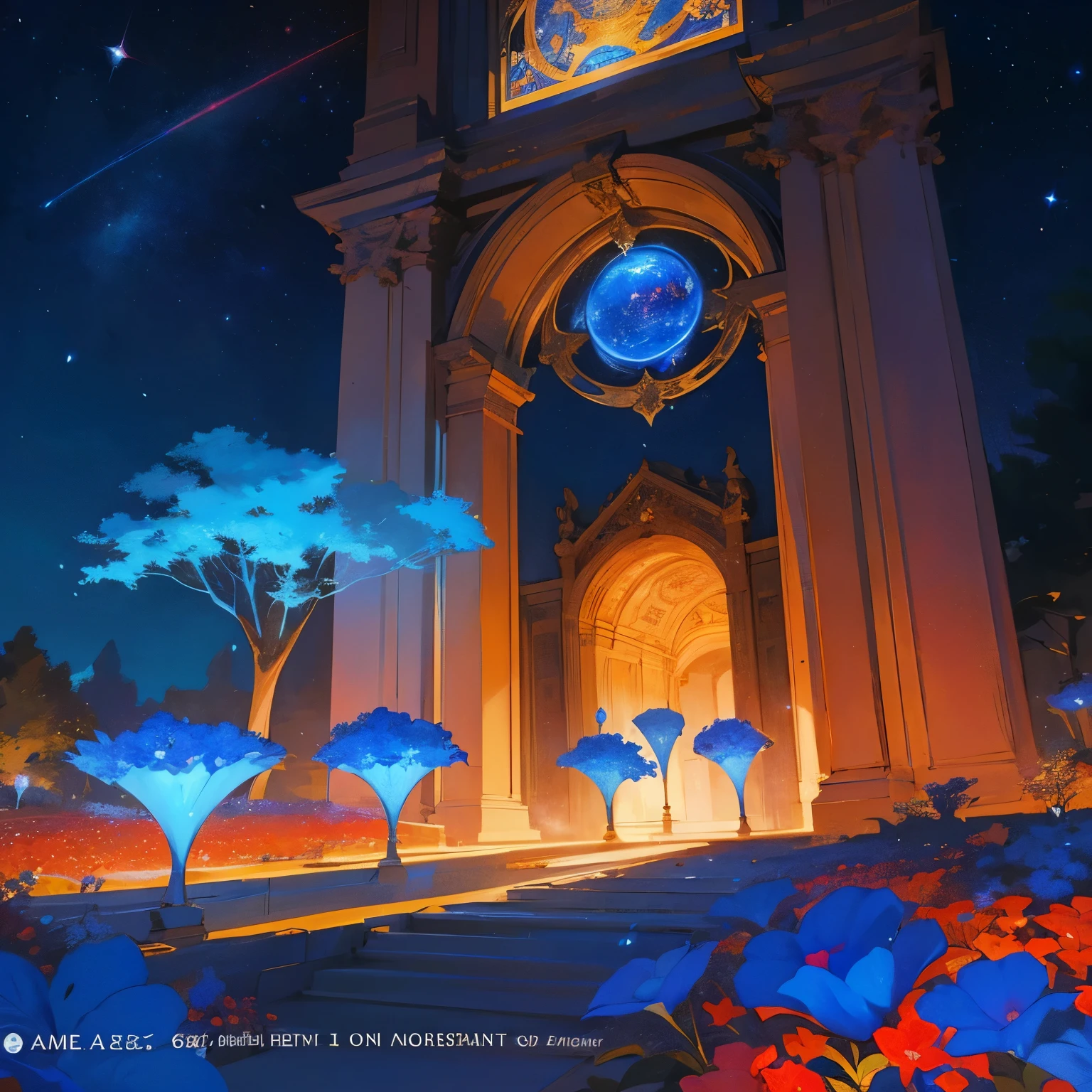 At the front of the scene is the large framed by a captivating garden filled with vibrant red and blue flowers capturing the celestial splendor of the Star Library described in the passage. The scene unfolds with the towering spires of the Star Library reaching towards the star-studded heavens, their celestial architecture intricately detailed and illuminated by the soft glow of distant constellations. The library's grand entrance is adorned with a vibrant garden of pulsating blue and red blooms, emitting an ethereal glow that harmonizes with the cosmos. As viewers delve deeper into the image, they encounter the monumental main entrance, a massive lunar stone door embedded with sparkling gems reflecting starlight. Golden reliefs depicting mythical figures and arcane symbols narrate the universe's ancient tales, inviting viewers to embark on a journey of cosmic discovery. At the front of the scene is the large library, framed by a captivating garden filled with vibrant red and blue flowers.