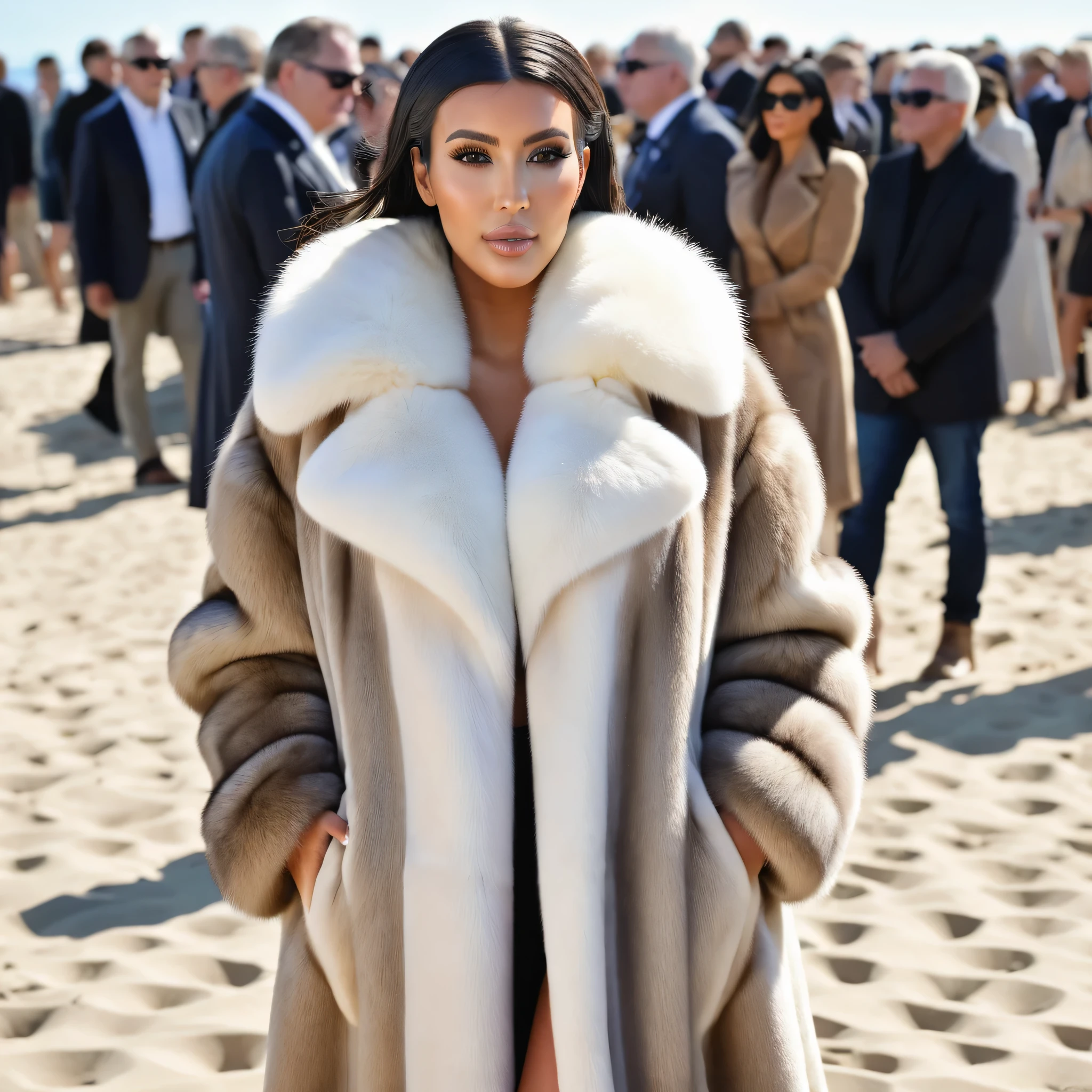 A very wide and very thick, very long sand mink fur coat, fifty centimeters thick, duveteux, naturel, with an ultra thick white and sand mink fur collar, three layers, sur Kim Kardashian, fully nude front view, bare shoulders, and two large breast discovered by the fur, at sunny Pebble Beach Concours d'Elegance automobile , en haute résolution de la plus high quality、,Photo 8K HDR), Realistic texture, realistic shadows, (dynamic subdued lighting), (centered within the framework), (Very detailed:1.2), Fond d'8k screen, high quality, grain de film, Fujifilm XT3, (Very detailed skin), ((gaping and :1.3)), dark bun, messy hair, ,