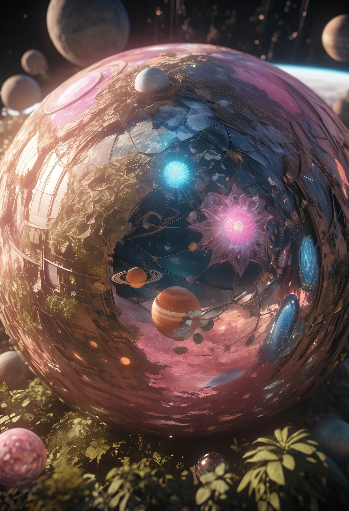(((masterpiece))) (((best quality))) Glass ball, close-up of a planet with a bunch of trees on it, overgrown planet, green planet, Fractal World, fantasy overgrown world, fantasy planet, Dyson Sphere, pink planet, 3D rendering beep, planetary landscape, round planet inspired by Jofra Bosschart, planet, future world, psychedelic flower planets, ethereal world, (The light emitted)