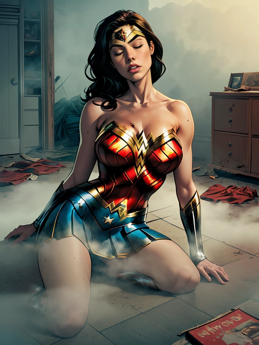 1girl, (wonder woman) , blue skirt, big breast, lay on the floor, sleeping, knocked out, arm up, (abandoned room, dusty, creepy room, dirty floor), comic style, (fog effect, green fog:1.3)