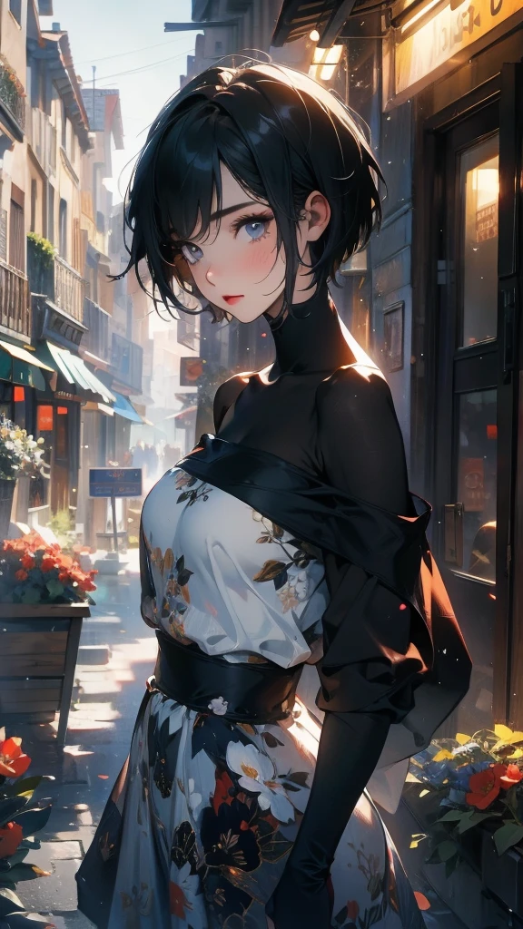 Composition from head to stomach:1.5, (Highly detailed CG unit 8k wallpaper, masterpiece, High resolution, highest quality, natural skin texture), high contrast, hyper realistic, digital painting, concept art, (20 year old woman, detailed eyes, gradient eyes, Ash gray asymmetrical short hair:1.3), (Stalgic and inorganic fashion, off shoulder), (Backstreets of Paris:1.3, Colourful flower beds along the road),