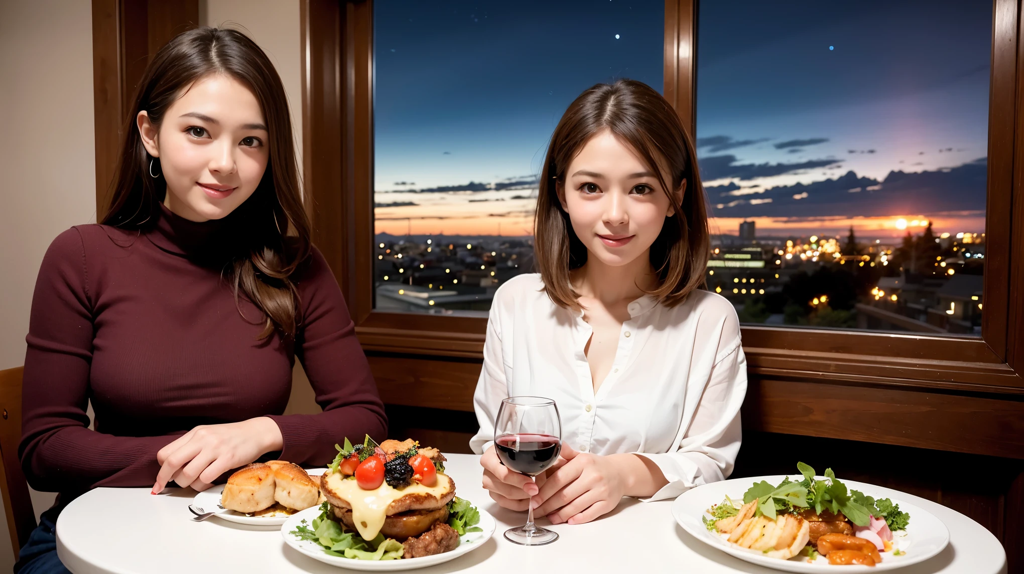 ((Highest quality、8k、masterpiece:1.3))、Slim couple、Model Couple、(Realistic, Intricate details:1.2), full-course dinner、wine 、Amazing view of the sunset sky and clouds、Bright smile、The beauty of a smile、Bright image、wineの美しさ, Beautiful Face, blue eyes, The light shines on your face, blush, short hair,Bright Face、 (45 years old), 48 years old, 赤wine 、Appetizers、Italian food、wine bottle、Champagne、スパークリングwine、Two beauties、Brown Hair、Shortcuts、Long sleeve shirt、dress、Two beautiful women
