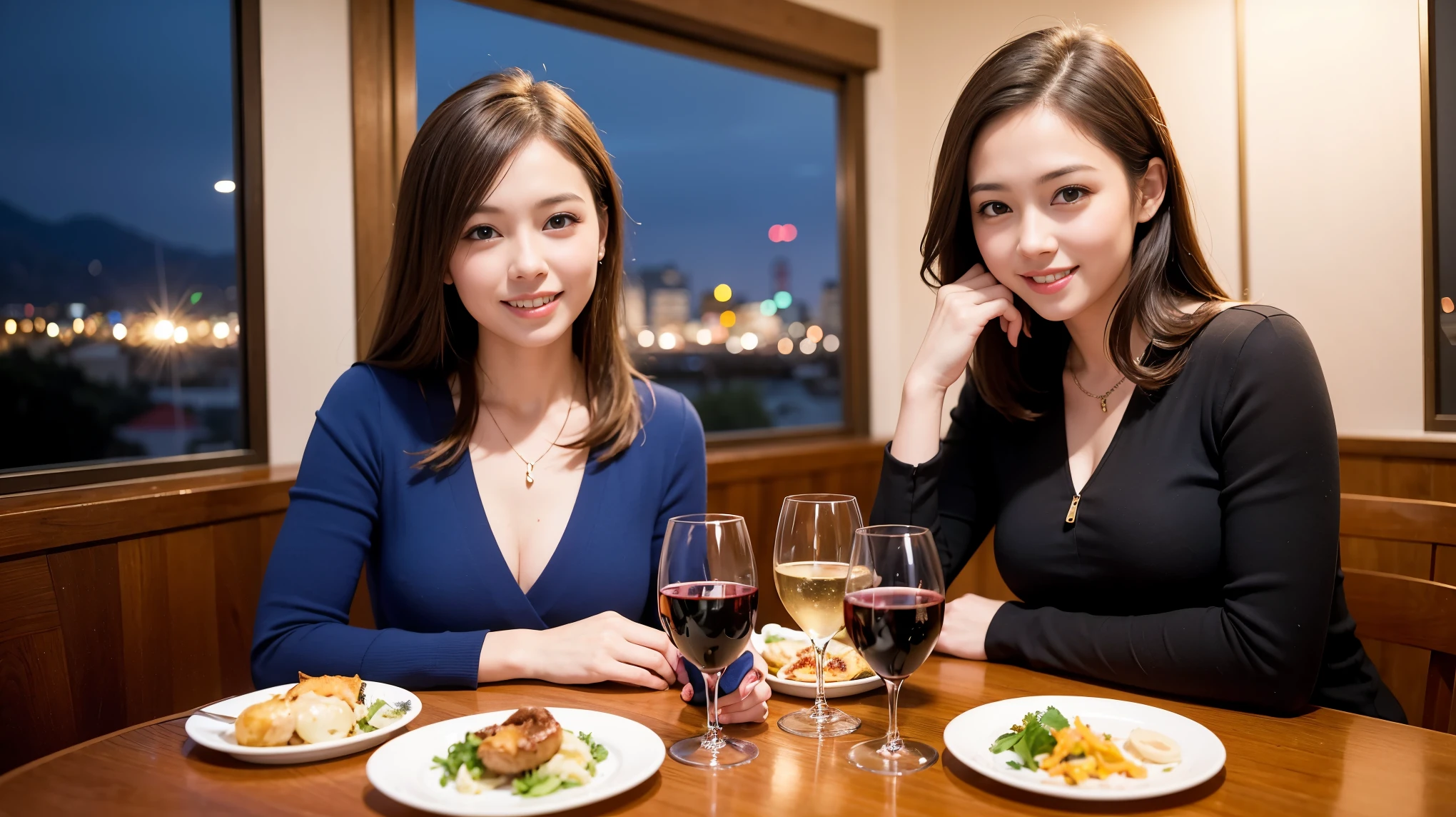 (K UHD, nffsw, highest quality, table top: 1.2), (realistic, realistic: 1.37), Spectacular view of the sunset sky and clouds、Amazing mountain views、ニコニコ明るいsmile、smileの素敵な女性、that woman'bright face、Fox face、lady、wine 、Appetizer、Italian food、two beauties、brown hair、shortcut、long sleeve shirt、winter fashion、dress、Japanese、Englishman、Dutch、German、Belgian、Italian、French,wineボトル、Appetizer、Champagne、スパークリングwine、Pretty Woman 1, (slimな顔), (because I'thin), (brown hair), (shortcut), cheeks turn a little red, (42 years old), 38 years old, charming beauty、, A beautiful and detailed night view spreads out outside the window..........., restaurant, wineグラスに座って, At night, in a prominent place (from the waist up) nova frog style, actress, model, Upper body, 白wine, slim, wineグラス, Very beautiful night view, 真ん中に置かれたwineグラス, smile, (smile: 1.15), Beautiful little eyes,