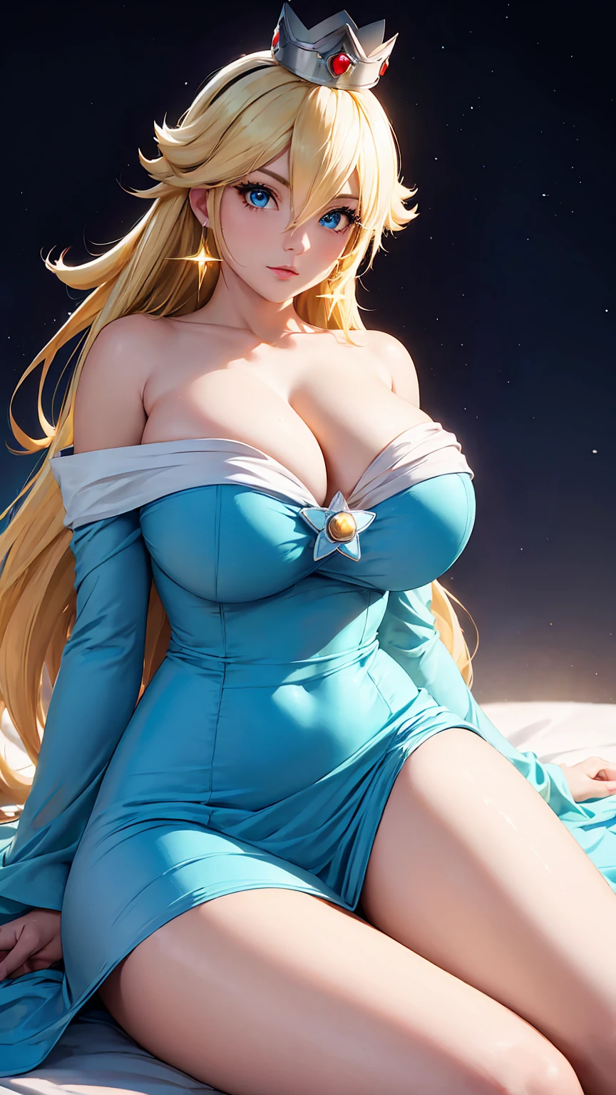 (masterpiece), best quality, expressive eyes, perfect face, highres, 1 girl, solo, rosalina, blonde hair, blue eyes, hair over one eye, long hair, blue dress, crown, dress, earrings, jewelry, princess, robe, bare shoulders, barefoot, star earrings, space, starry background, glowing particles, good illumination, sitting on floor, portrait, looking at the viewer, (((gigantic breasts)))