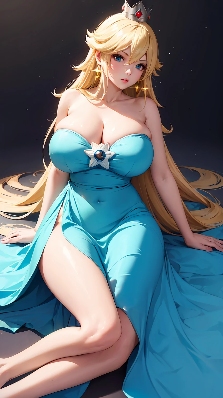 (masterpiece), best quality, expressive eyes, perfect face, highres, 1 girl, solo, rosalina, blonde hair, blue eyes, hair over one eye, long hair, blue dress, crown, dress, earrings, jewelry, princess, robe, bare shoulders, barefoot, star earrings, space, starry background, glowing particles, good illumination, sitting on floor, portrait, looking at the viewer, (((gigantic breasts)))