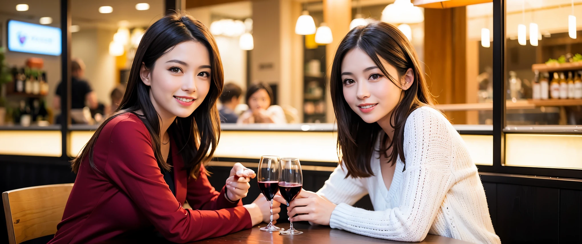 (K UHD, nffsw, highest quality, table top: 1.2), (realistic, realistic: 1.37), Spectacular view of the sunset sky and clouds、Amazing mountain views、ニコニコ明るいsmile、smileの素敵な女性、that woman'bright face、Fox face、lady、wine 、Appetizer、Italian food、two beauties、brown hair、shortcut、long sleeve shirt、winter fashion、dress、Japanese、Englishman、Dutch、German、Belgian、Italian、French,wineボトル、Appetizer、Champagne、スパークリングwine、Pretty Woman 1, (slimな顔), (because I'thin), (brown hair), (shortcut), cheeks turn a little red, (42 years old), 38 years old, charming beauty、, A beautiful and detailed night view spreads out outside the window..........., restaurant, wineグラスに座って, At night, in a prominent place (from the waist up) nova frog style, actress, model, Upper body, 白wine, slim, wineグラス, Very beautiful night view, 真ん中に置かれたwineグラス, smile, (smile: 1.15), Beautiful little eyes,