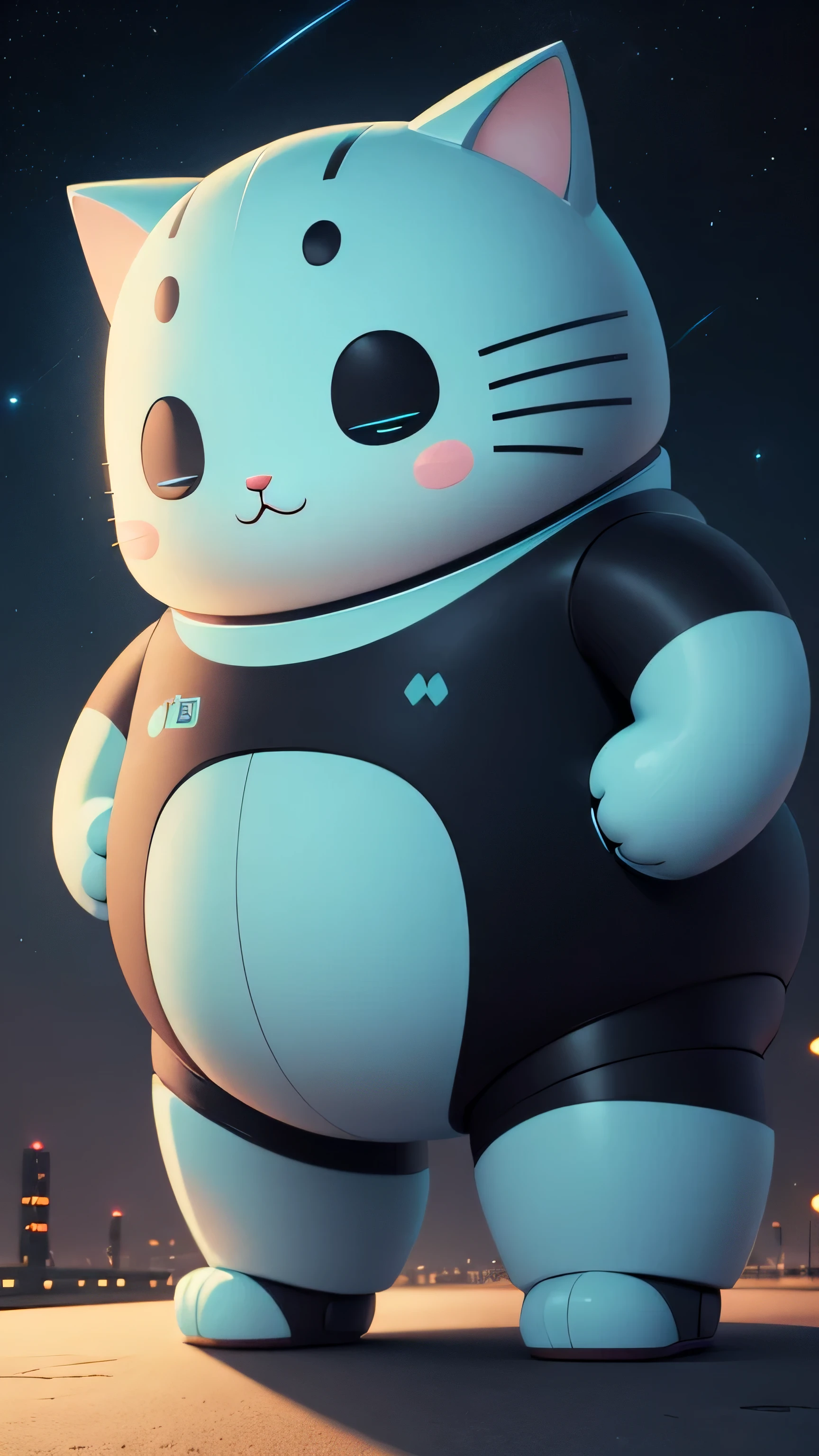 cute Cat robot, fat cat, big head, cyan color, night sky, 8k