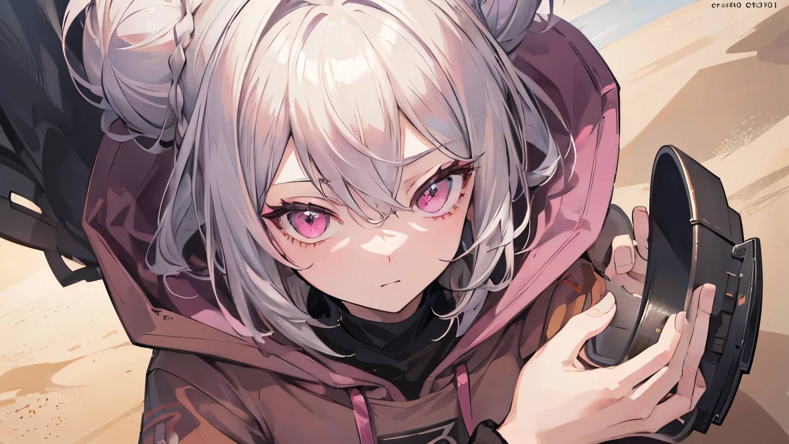 silver hair, shortcut, Bun hair, pink eyes, long sleeve, (Wearing a brown hood:1.2), Sand Planet, sandstorm, gypsy, (masterpiece), (Best Quality, 8K, High resolution), Ultra-detailed