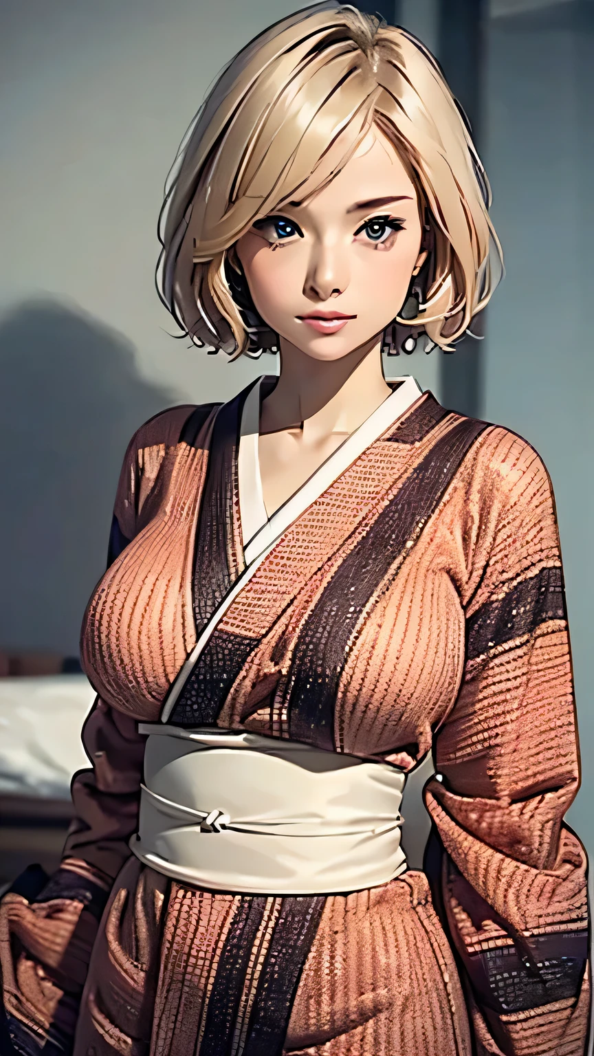 realistic, 1girl, blonde short hair, big breasts, sexy body, glowing eyes, (kimonos), parted lips, blush, evening, bed, sun, sunlight, nsfw, smile