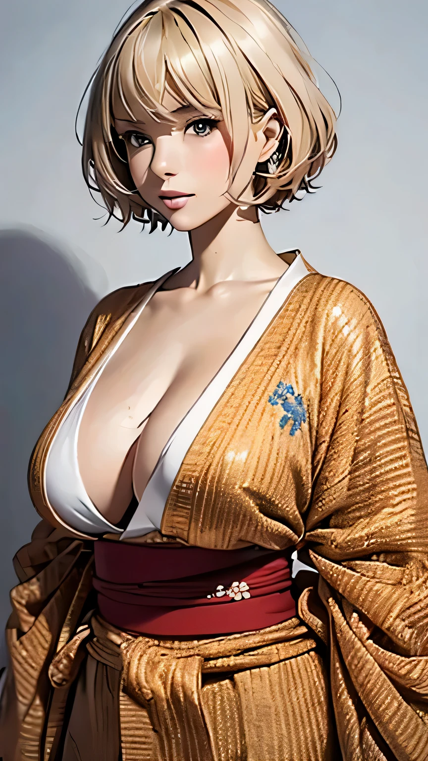 (highest quality,16k,masterpiece),Super detailed,mature woman,
blonde,straight hair,short hair,
wearing a kimono,Detailed pattern,
big breasts,
