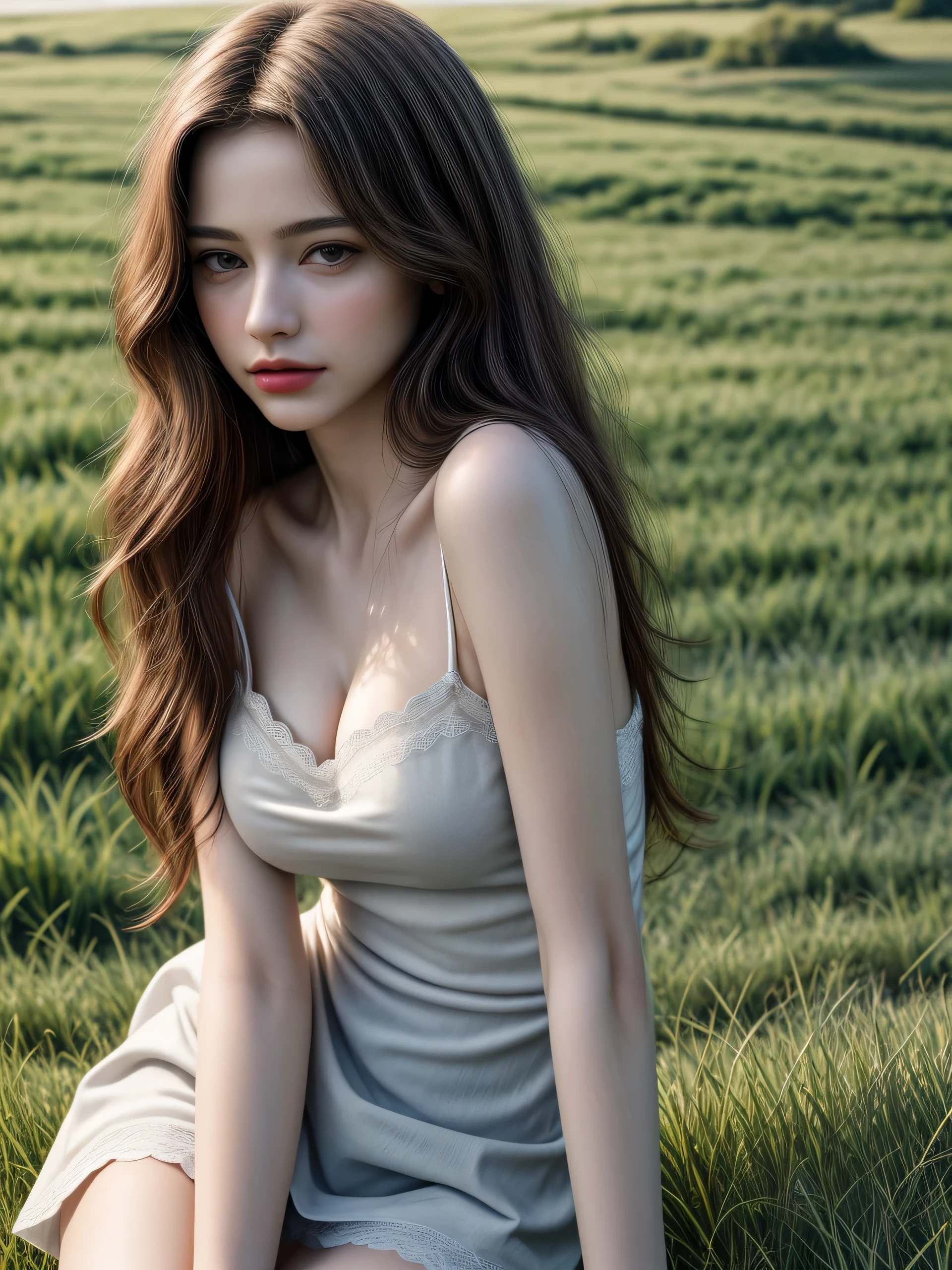 (Masterpiece, best quality, highres:1.3), from side, close-up portrait, solo, beautiful girl, slender feminine appearance, flat abdomen, flawless skin, cleavages, detailed hair strands, delicate stunning face, attractive look, ((wearing camisole sundress)), turn face upward, outdoor, grass plain field, sitting posture, smirking, ((realism, super realistic, realistic detail))