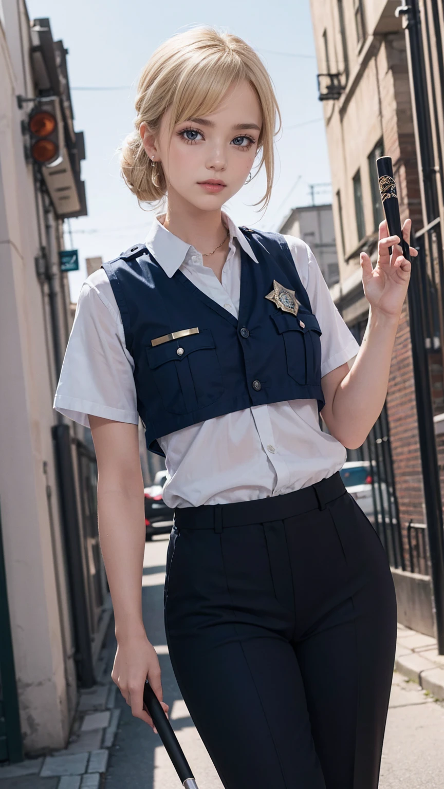 ((masterpiece)), ((highest quality)), ((High resolution)), 1 girl, alone, police officer, (matching pants, slacks), urban background, Have a baton、Wear a tactics vest、Are standing, put your hands on your hipedium hair, (platinum blonde, Side-swept chignon), (blue eyes),