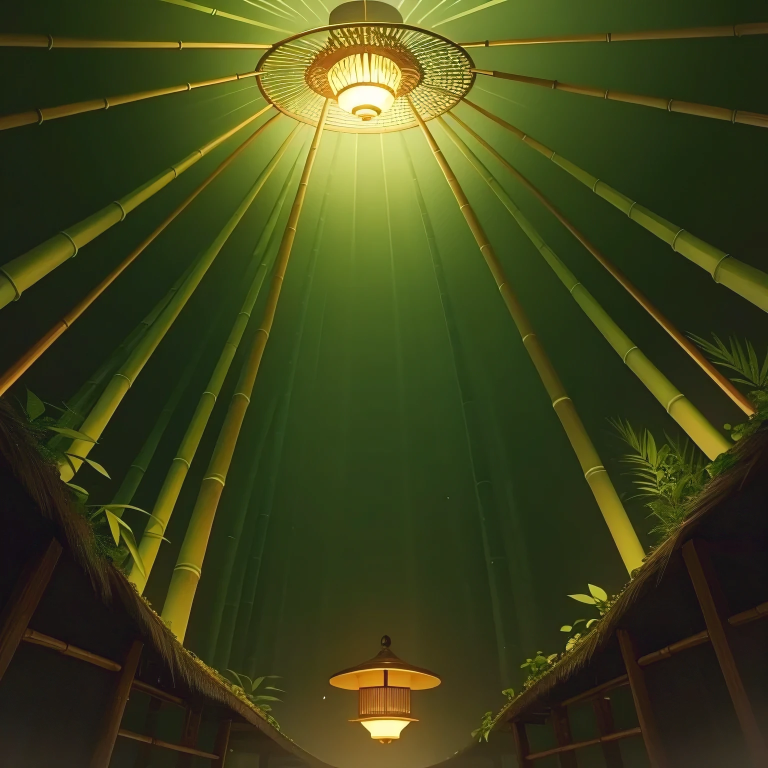 lighting design,Place the lamp above the picture in the center and use the bamboo hat element to refine it.。
