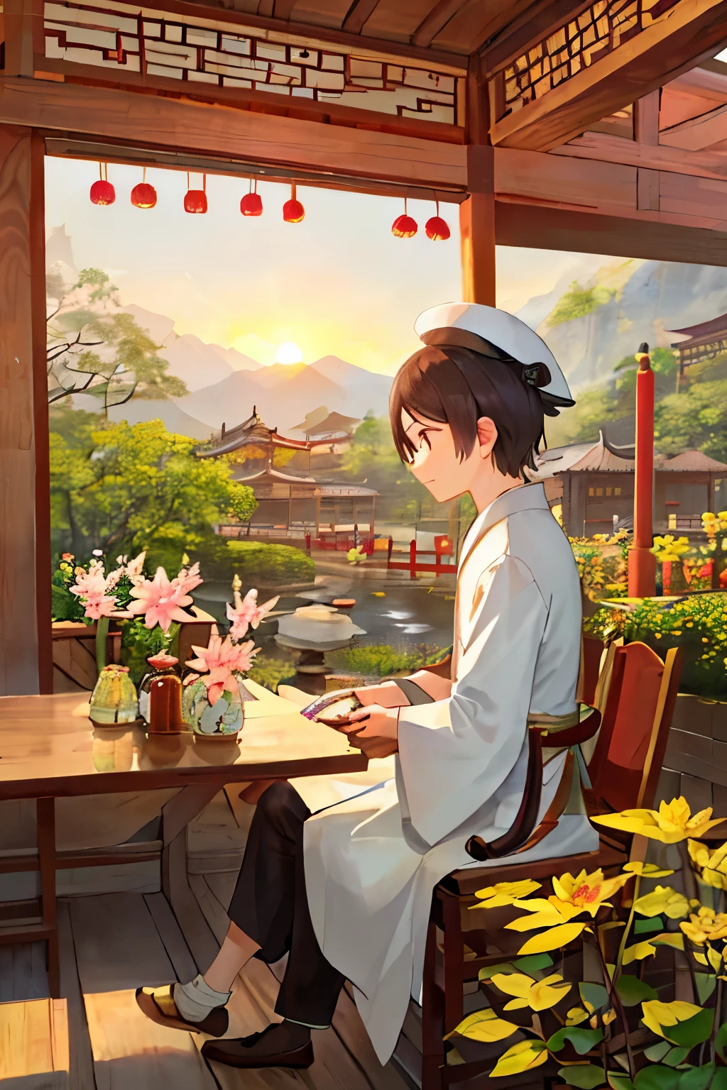A traditional Chinese background scroll, adorned with intricate detail and vibrant colors. Laneways filled with ancient buildings and blooming lotus flowers create a picturesque scene. The sun sets behind the mountains, casting a warm glow over the tranquil water. A gentle breeze rustles the leaves of the trees, creating a sense of peace and serenity.

A scholar, clad in a scholarly robe and hat, sits pensively at a table in the foreground. He holds a brush in one hand and a scroll in the other. He seems deep in thought, as if contemplating the world around him. The delicate brush strokes on the scroll convey the scholar's dedication to art and learning