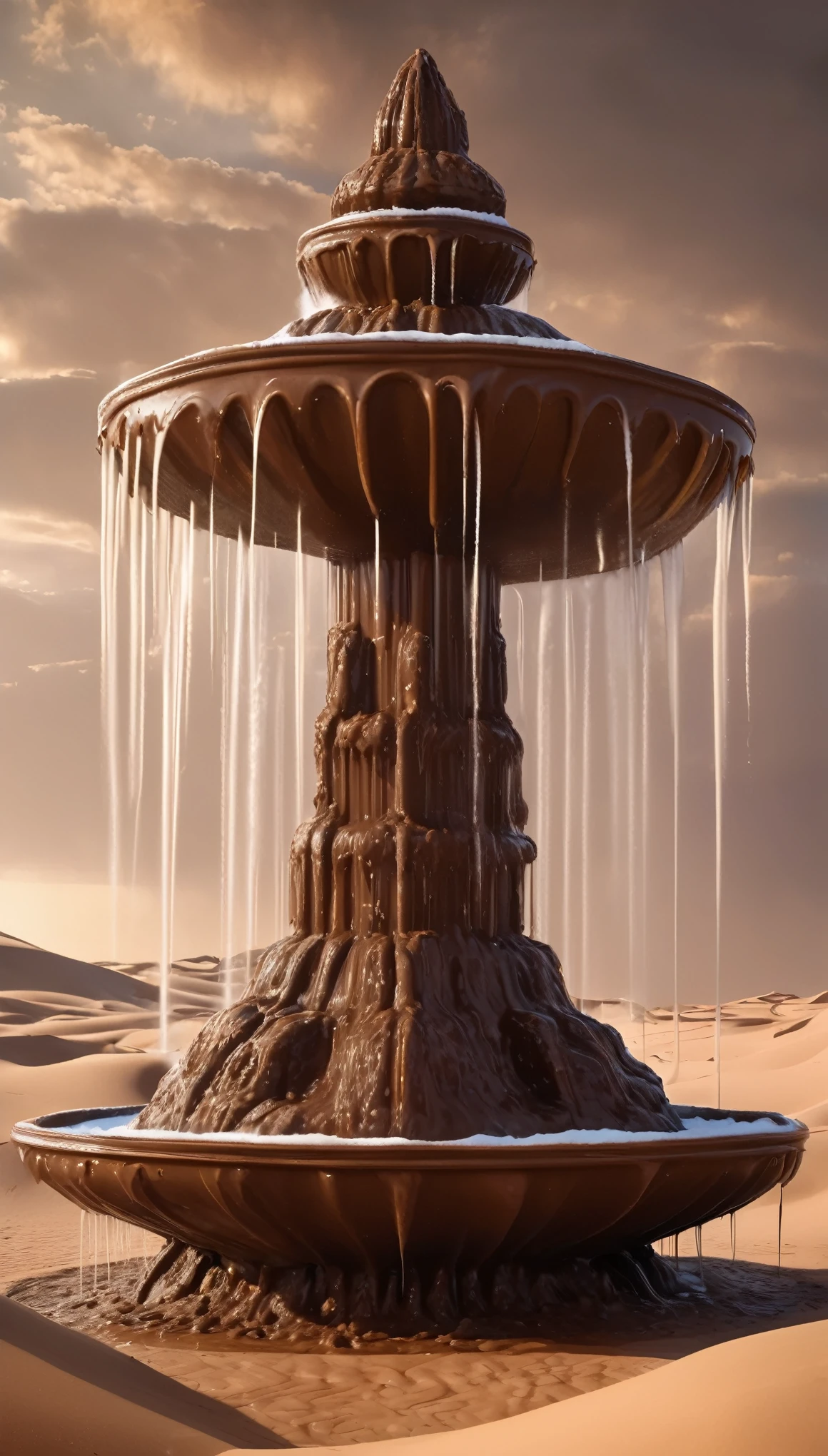 (8k masterpiece, original photo, best quality:1.2), ((Ark:1.5)) Made of chocolate, Sitting huge (Liquid Snow Fountain:1.5), In the middle of the Sahara Desert, Dry and barren desert, (Melting Animals) Dripping down, Ridiculous, Greg Rutkowski Style, Chocolate Cabinet,