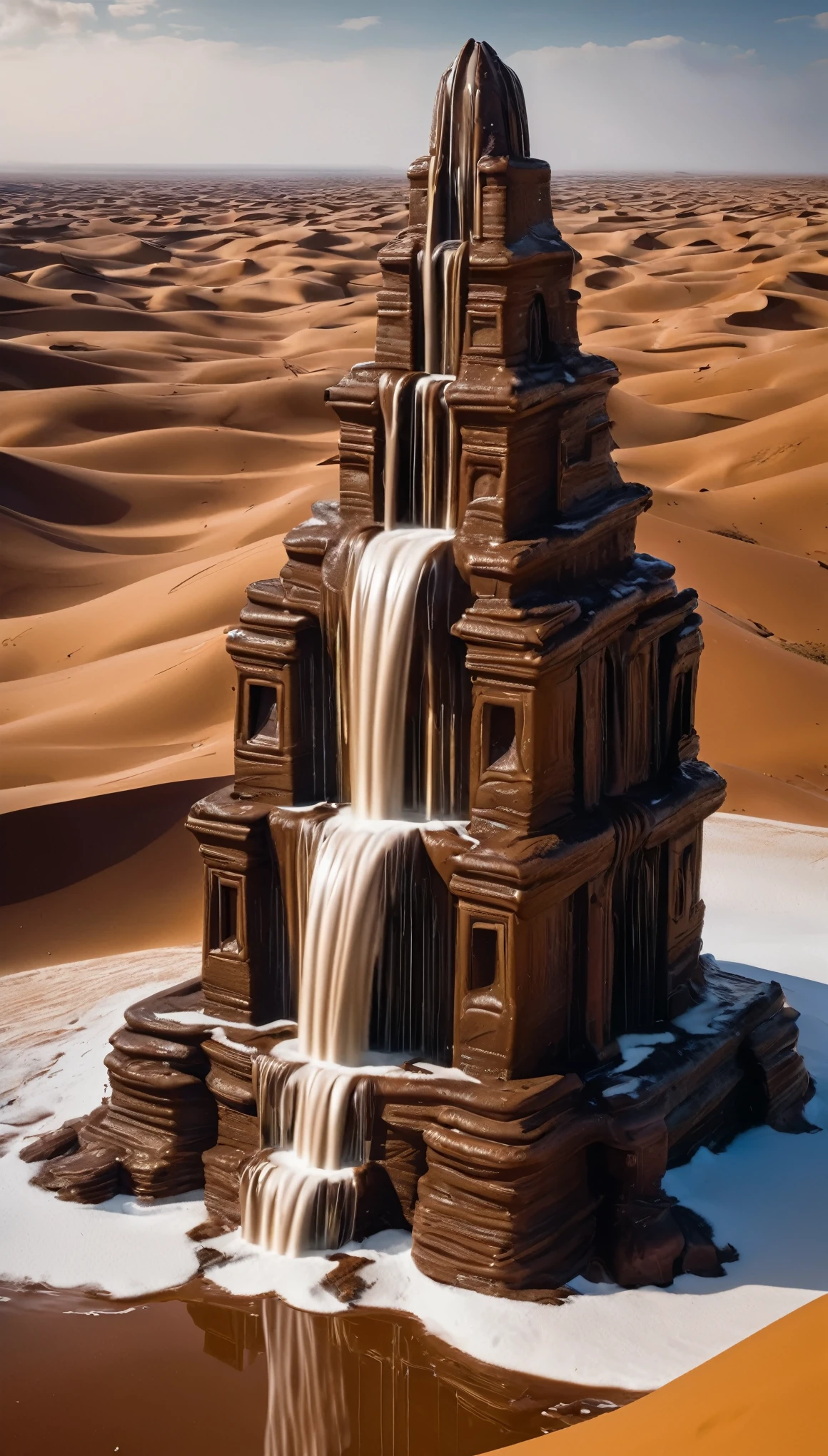 (8k masterpiece, original photo, best quality:1.2), ((Ark:1.5)) Made of chocolate, Sitting huge (Liquid Snow Fountain:1.5), In the middle of the Sahara Desert, Dry and barren desert, (Melting Animals) Dripping down, Ridiculous, Greg Rutkowski Style, Chocolate Cabinet,