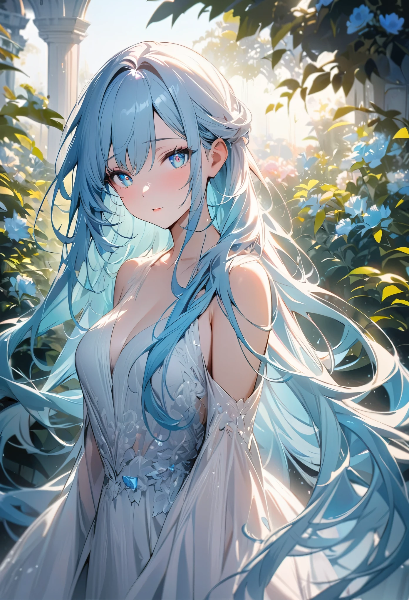 (masterpiece), best quality, expressive eyes, perfect face, light Blue topaz, human version, female, light blue, detailed long flowing hair, serene garden backdrop, elegant pose, soft natural lighting, vibrant colors, delicate brushstrokes, tranquil atmosphere, ethereal beauty.