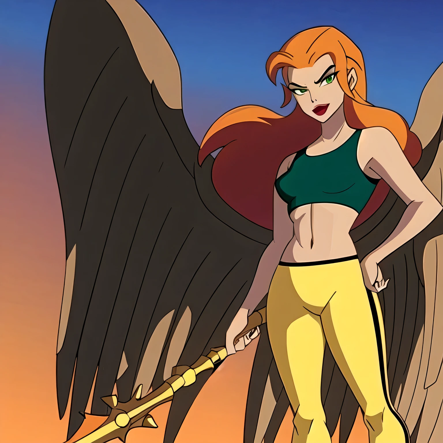 (masterpiece, best quality:1.2), (1girl:1.2), solo, Shayera, grey wings, feathered wings, long wings, flying, holding weapon with two hands, spiked mace, green eyes, long hair, orange hair, lipstick, crop top yellow, yellow legwear