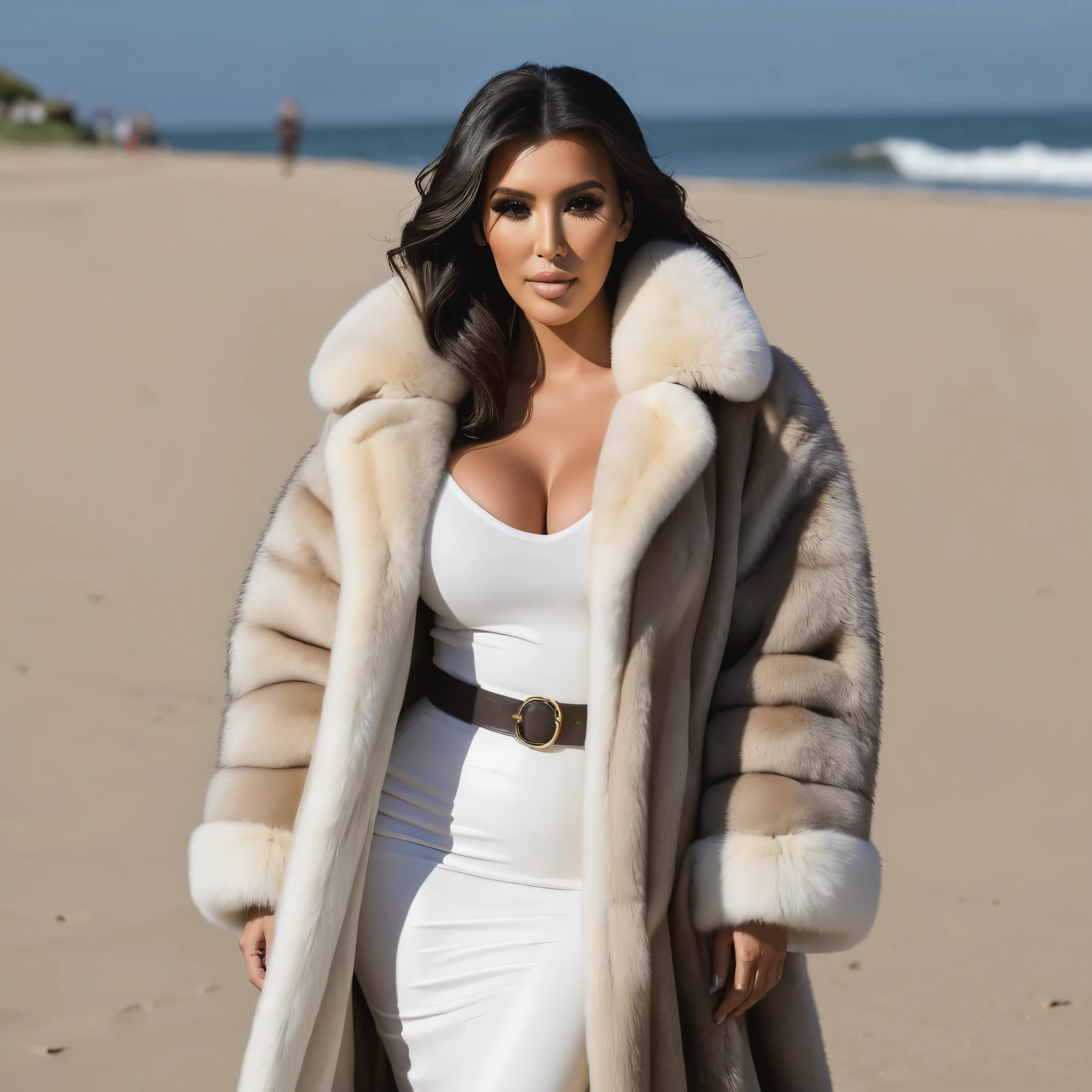 A very wide and very thick, very long sand mink fur coat, fifty centimeters thick, duveteux, naturel, with an ultra thick white and sand mink fur collar, three layers, sur Kim Kardashian, fully nude front view, bare shoulders, and two large breast discovered by the fur, at sunny Pebble Beach Concours d'Elegance , en haute résolution de la plus high quality、,Photo 8K HDR), Realistic texture, realistic shadows, (dynamic subdued lighting), (centered within the framework), (Very detailed:1.2), Fond d'8k screen, high quality, grain de film, Fujifilm XT3, (Very detailed skin), ((gaping and :1.3)), dark bun, messy hair, ,