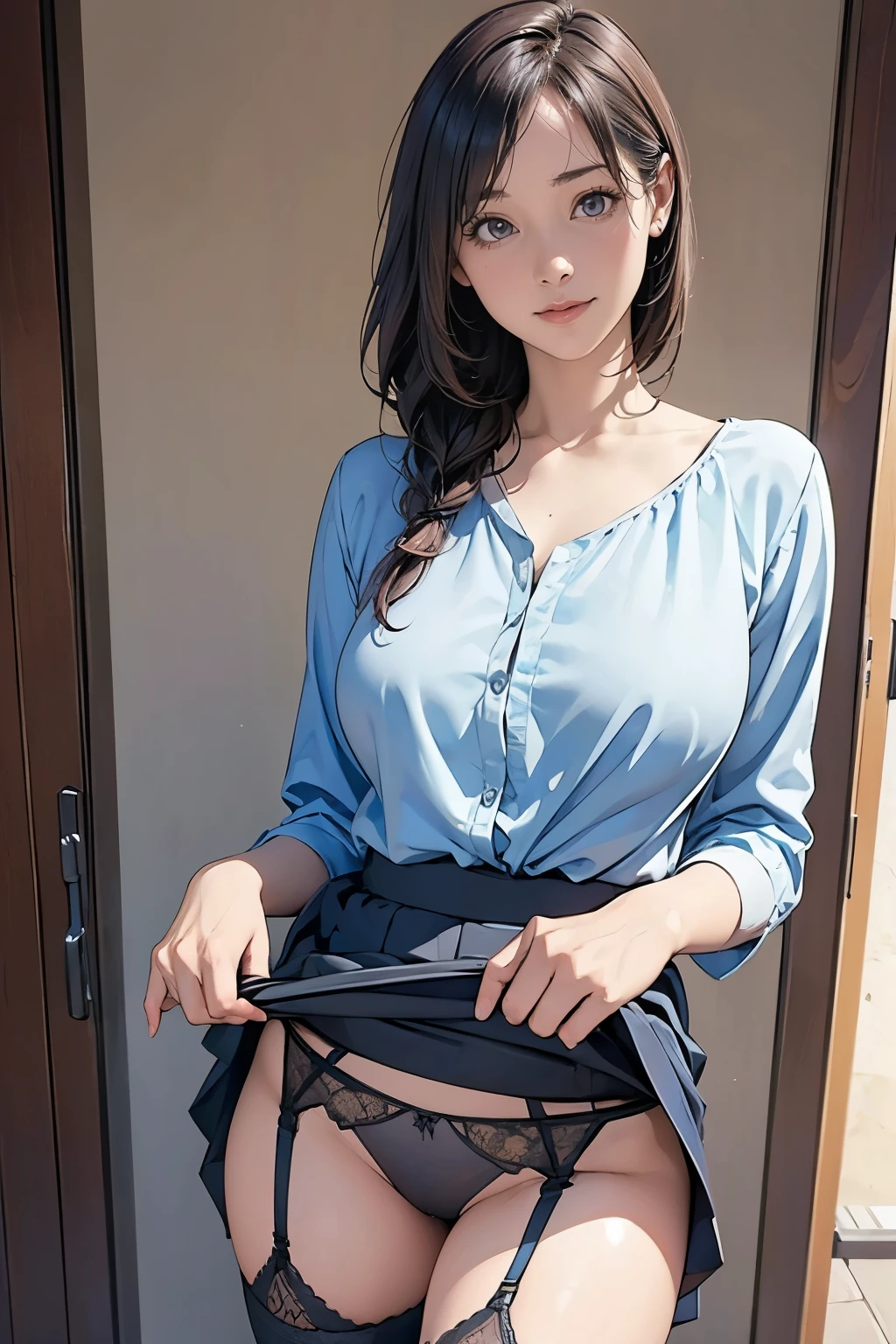(masterpiece:1.2, highest quality), (realistic, photorealistic:1.4), beautiful illustrations, (natural side lighting, movie lighting), Depth of written boundary,
looking at the viewer,Front view, 1 girl, English, OL, 30 years old, suit、wearing a jacket、shirt with wide open chest、perfect face, Cute symmetrical face, shiny skin,
random hairstyles、Big eyes, droopy eyes, long eyelashes chest), thin, beautiful thighs、Tall beautiful hair, beautiful face, fine and beautiful eyes, beautiful clavicle, beautiful body, beautiful breasts, beautiful thighs, beautiful feet, beautiful fingers,
((fine fabric texture)),
(beautiful scenery),(The document warehouse is the background), Are standing, (smile), (((skirt lift, I can see panties, panties and garter belts)))