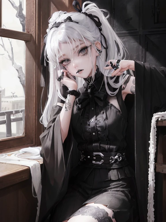 Masterpiece, best quality, high quality, ultra detailed, 1girl, looking at viewer, white hair, gray eyes, black lipstick, black shirt, sitting on a white floor, demon girl, gothcore, 1 7 - year - old, goth girl, japanese gothic, gothic punk style, black metal style, hands on head,.yurikiss