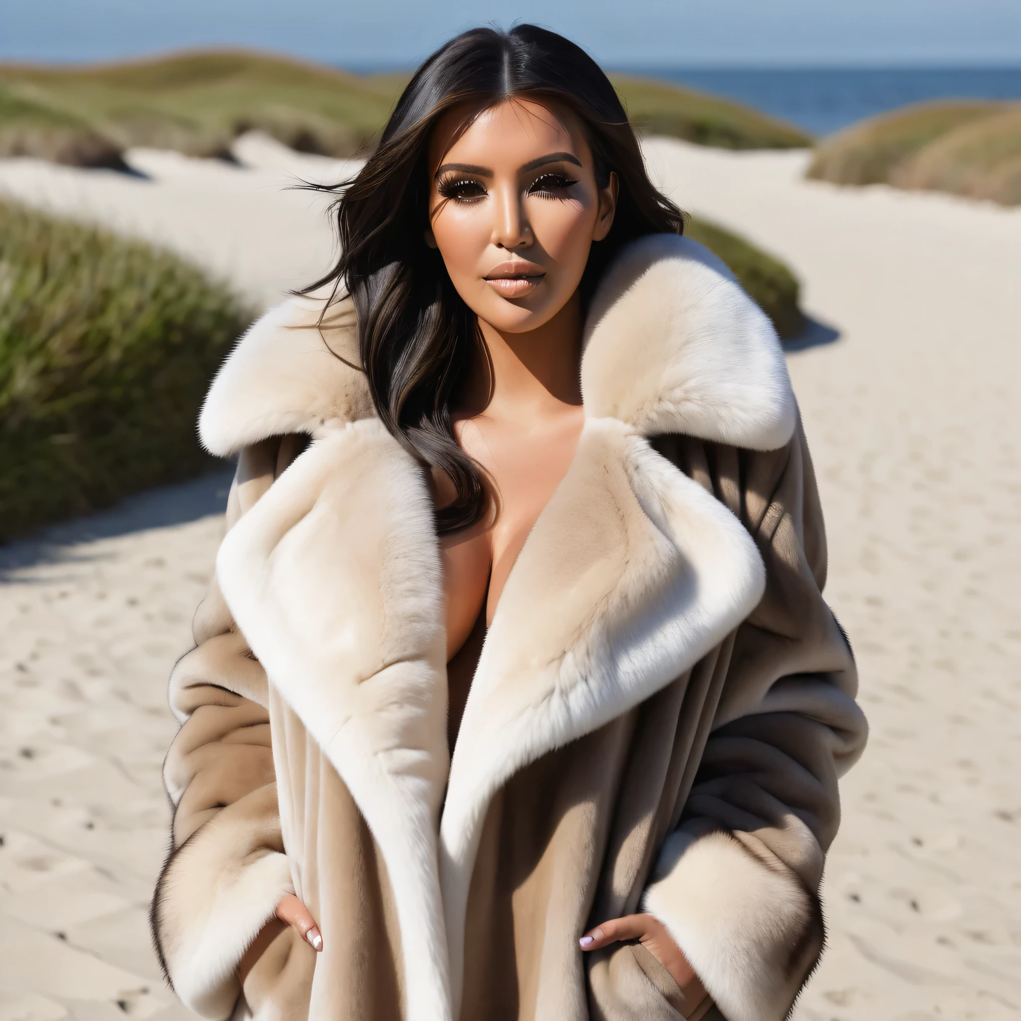 A very wide and very thick, very long sand mink fur coat, fifty centimeters thick, duveteux, naturel, with an ultra thick white and sand mink fur collar, three layers, sur Kim Kardashian, fully nude front view, bare shoulders, and two large breast discovered by the fur, at sunny Pebble Beach Concours d'Elegance , en haute résolution de la plus high quality、,Photo 8K HDR), Realistic texture, realistic shadows, (dynamic subdued lighting), (centered within the framework), (Very detailed:1.2), Fond d&#39;8k screen, high quality, grain de film, Fujifilm XT3, (Very detailed skin), ((gaping and :1.3)), dark bun, messy hair, , 