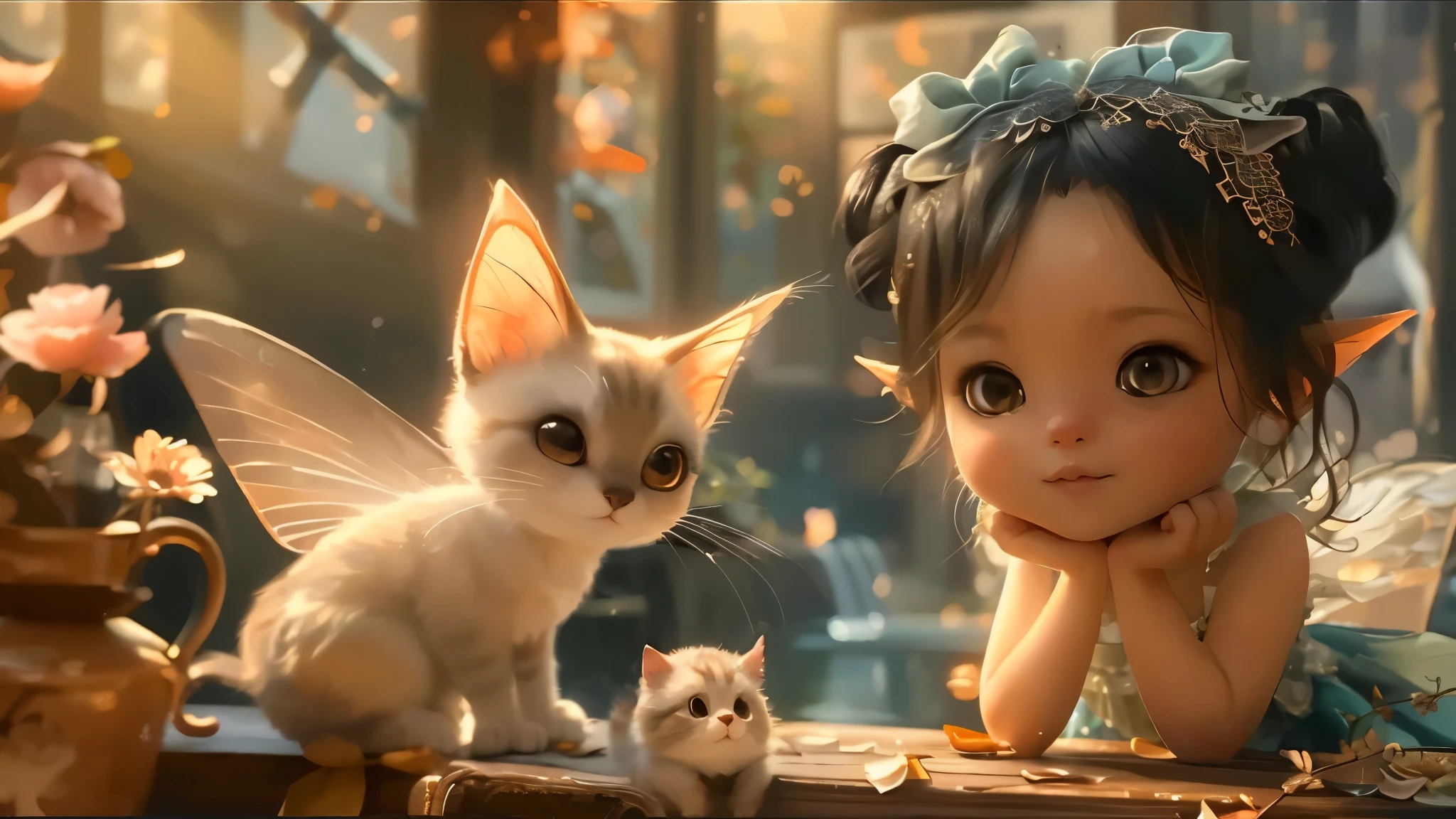 There is a little girl and a cat sitting on a table - SeaArt AI